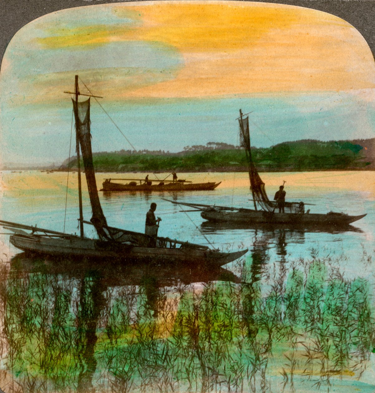 Fischerboote bei Sonnenuntergang in der Nähe von Yokohama, Japan, 1904 von Underwood and Underwood