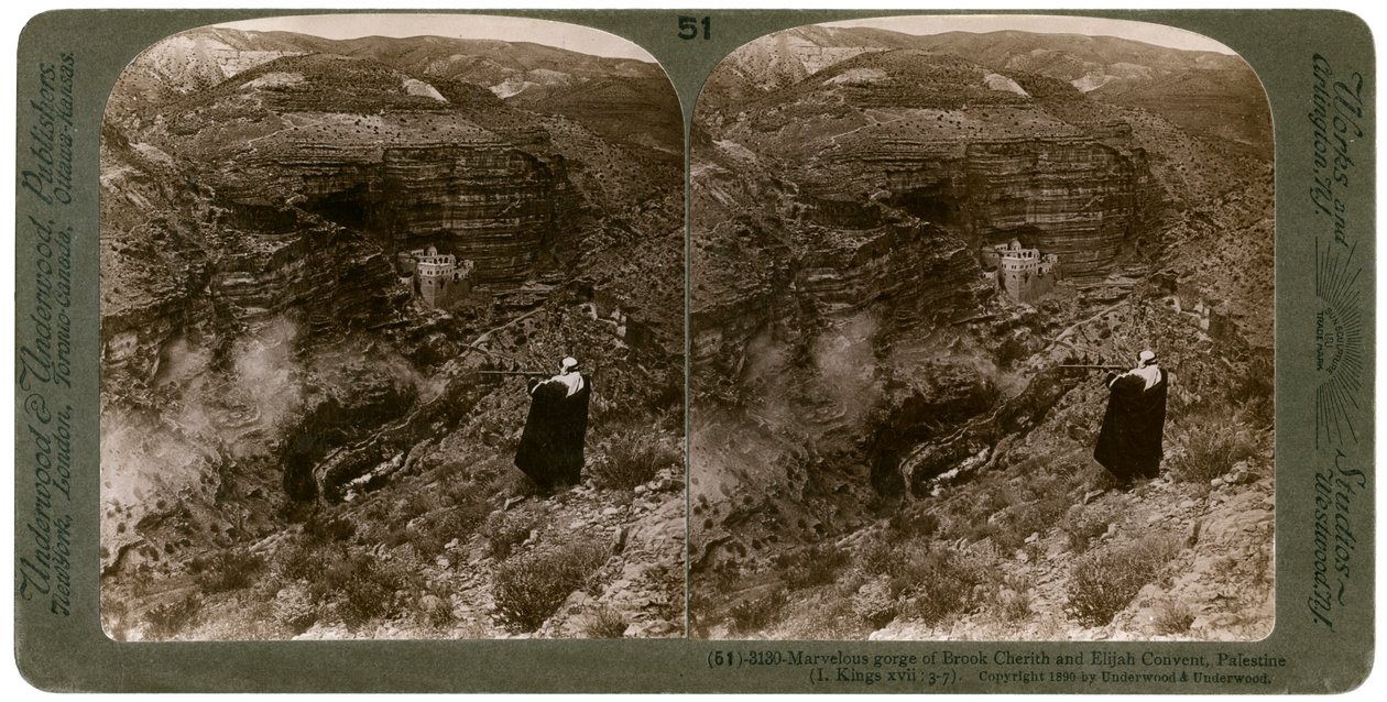Die Schlucht von Brook Cherith und das Elijah-Kloster, Palästina, 1890 von Underwood and Underwood