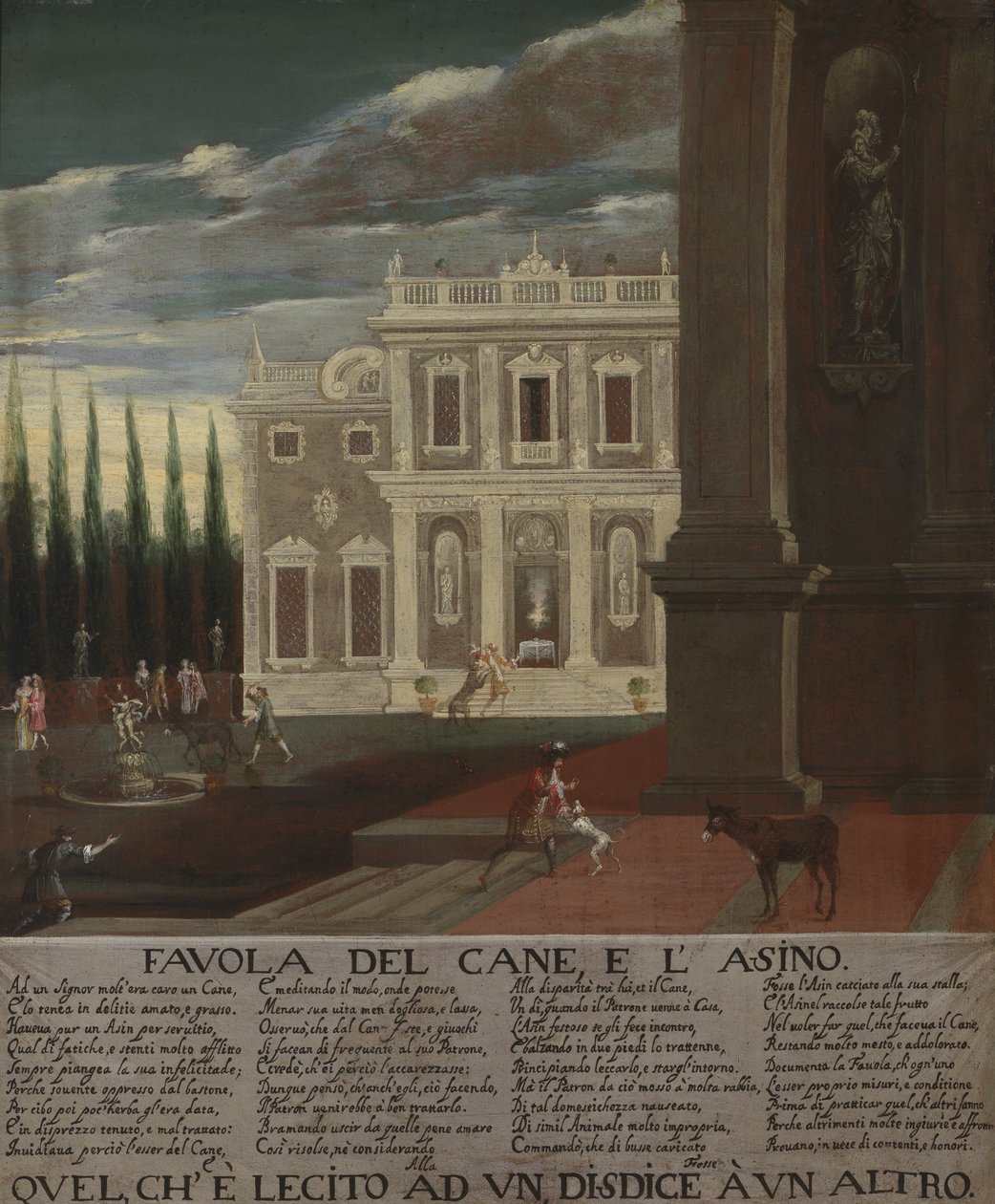 Illustration der Fabel über den Schoßhund und den Esel von Unknown