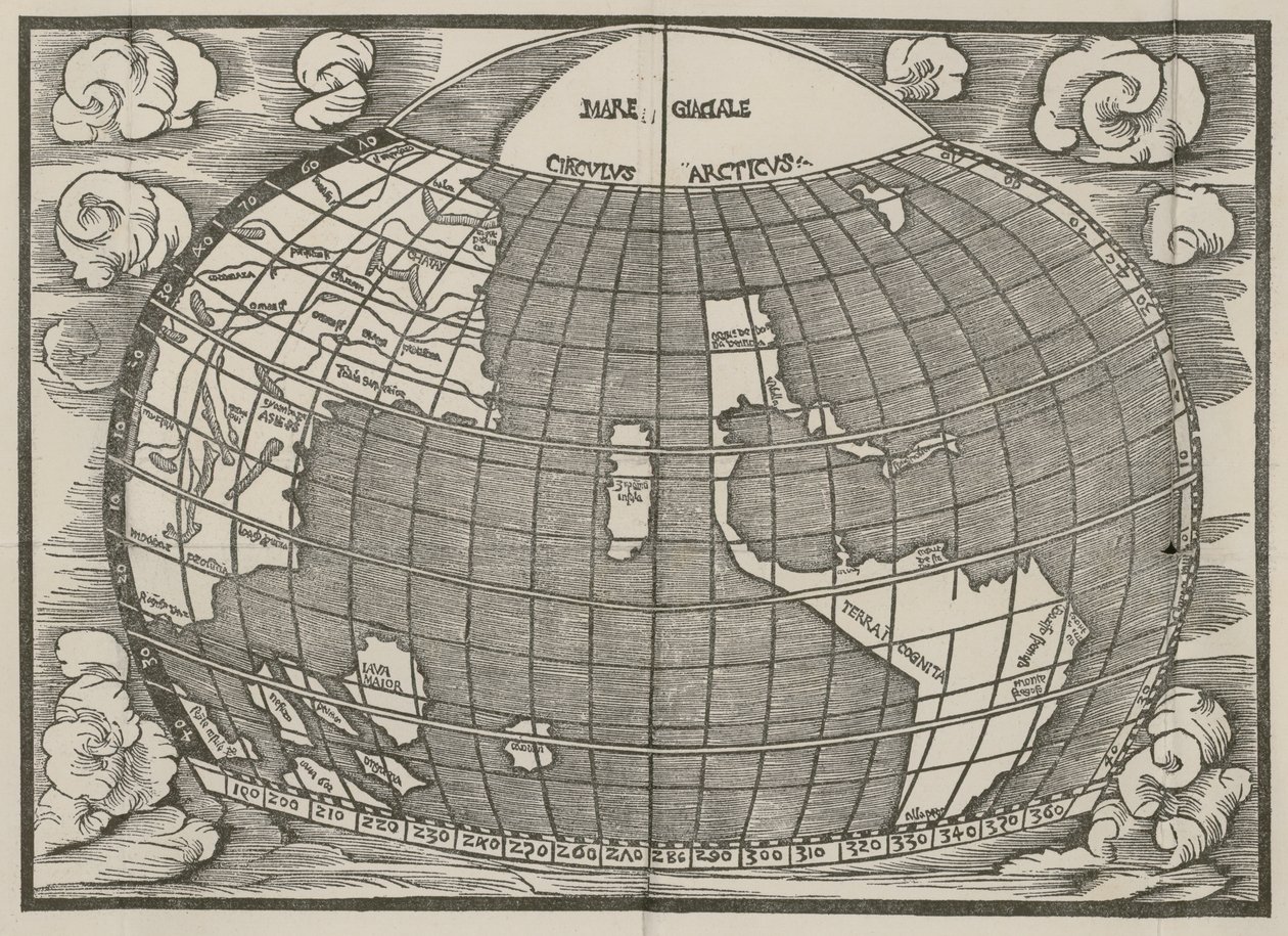 Karte von Nord- und Südamerika, die die Verbindung der beiden Kontinente durch eine Landenge zeigt. Veröffentlicht in Introductio in Ptholomei Cosmographiam (Einführung in die Kosmographie des Ptolemäus) von Jan von Stobnica, 1512 von Unknown