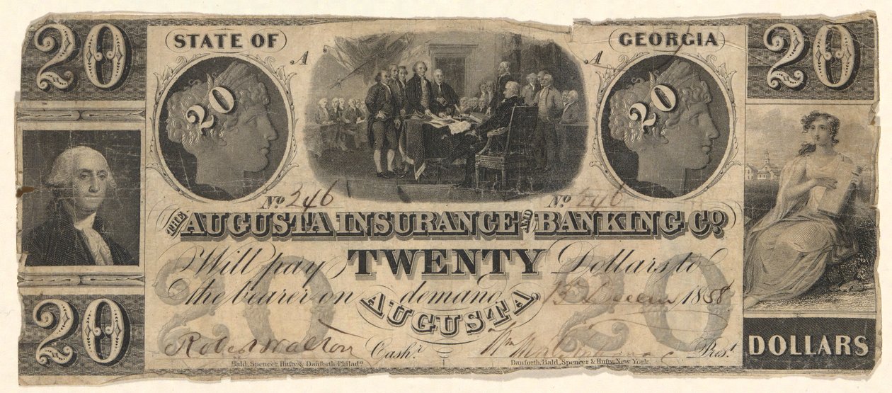 20-Dollar-Schein, ausgestellt von der Augusta Insurance & Banking Co., Augusta, Georgia im Jahr 1858 mit Gravuren der Unabhängigkeitserklärung nach Trumbull, Washington nach Stuart (?) von Unknown