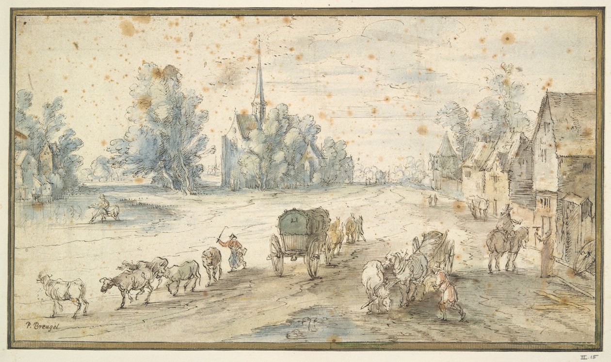 Dorfstraße mit Vieh und Karren von Unknown