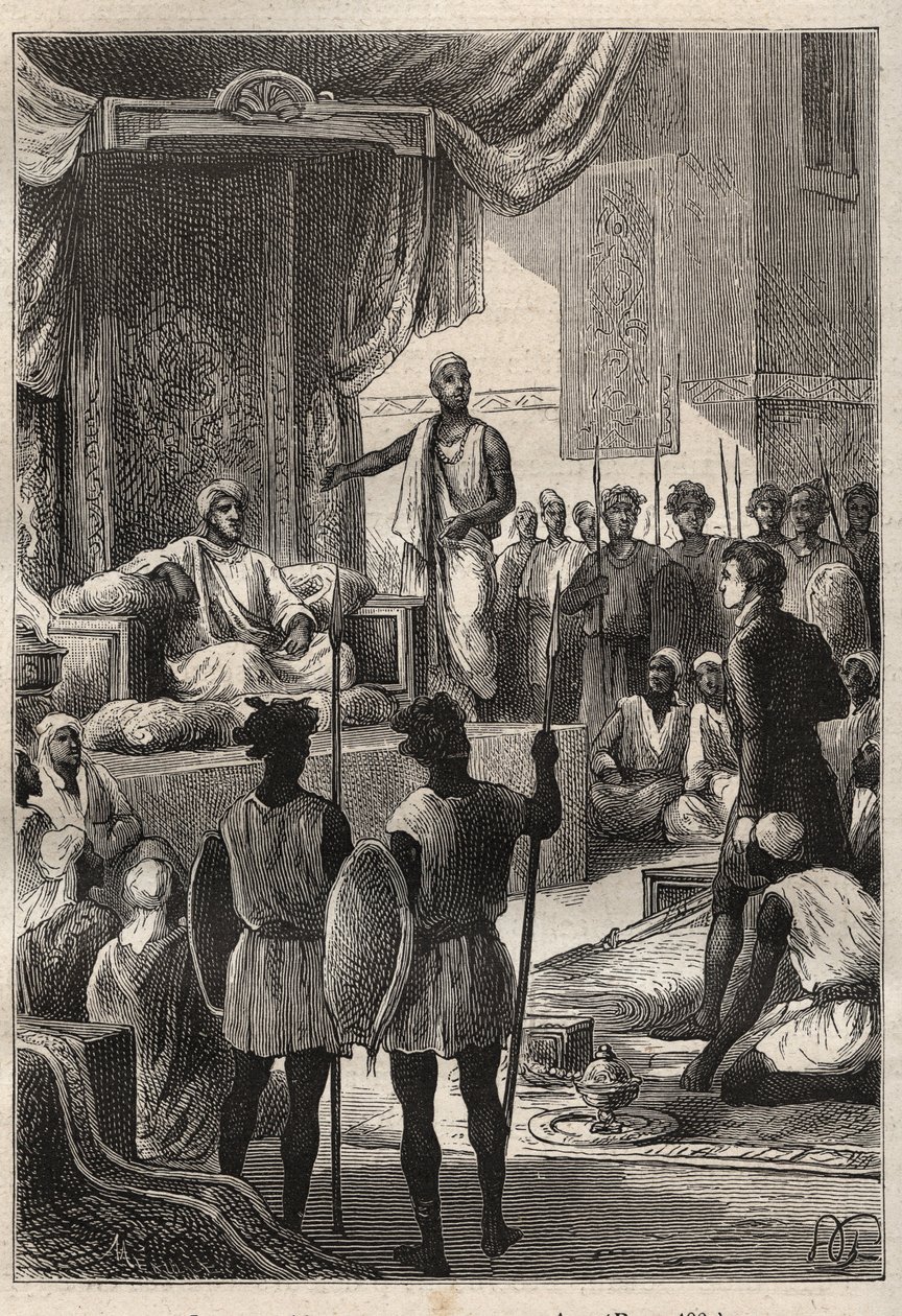Reise (1792-1795) nach Ägypten und dem Nahen Osten von William George Browne (1768-1813): Browne trifft den Sultan von Darfur Ald el Raschman (Abd-er-Rahman, bekannt als El-Rachid oder der Gerechte) in El Fasher (Al-Fashir, Sudan) im Jahr 1793 - Illustrati von Unknown artist