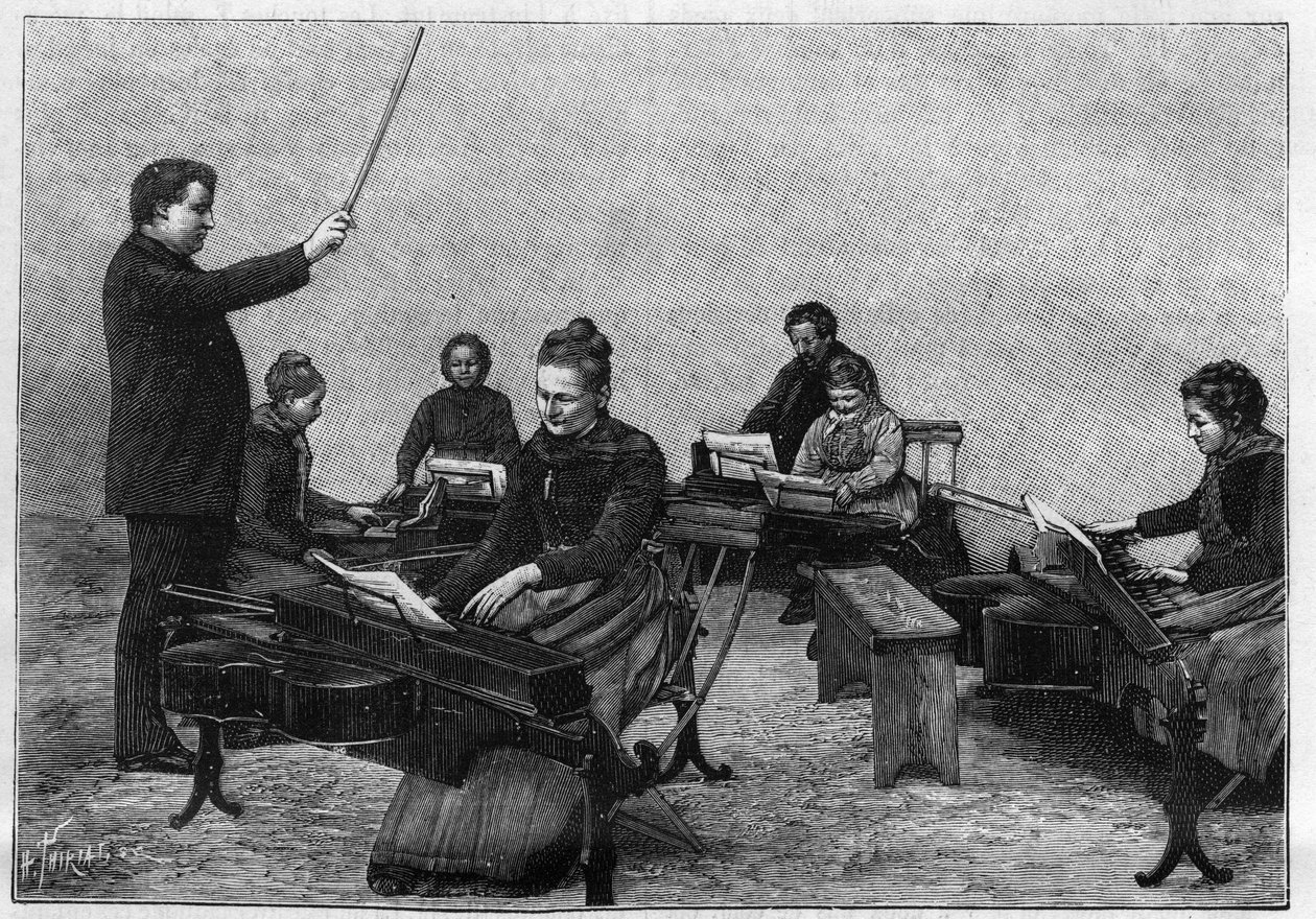 Ein Konzert von Monochorden, ausgeführt von jungen Mädchen. Gravur in „La Nature. Revue des sciences et de ses applications aux arts et a l
