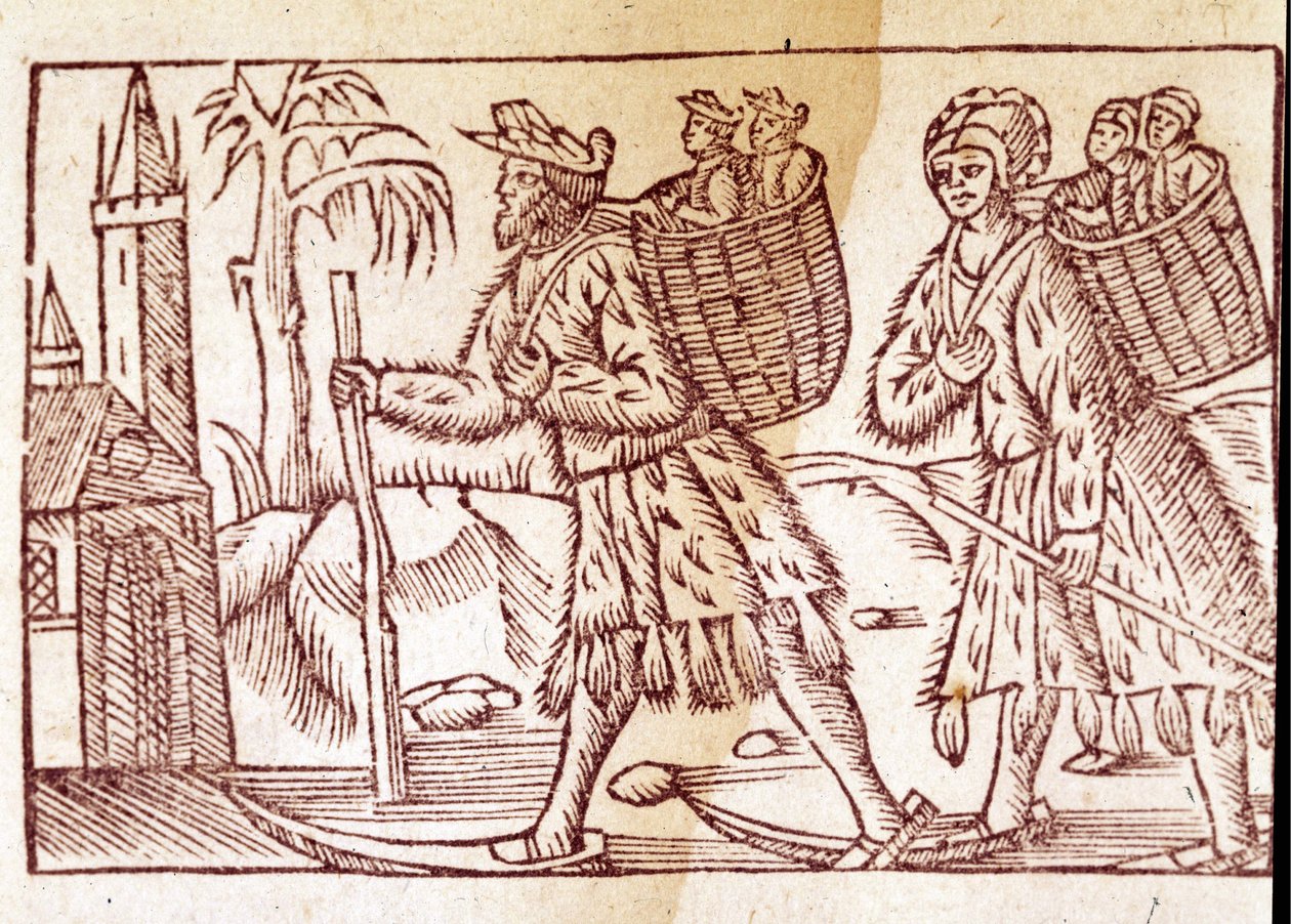 Eine norwegische Familie auf Skiern unterwegs. Gravur von Olaus Magnus (1490 - 1557), schwedischer Geistlicher und Geograph, „Historia de Gentis Septentrionalibus“, Venedig von Unknown artist