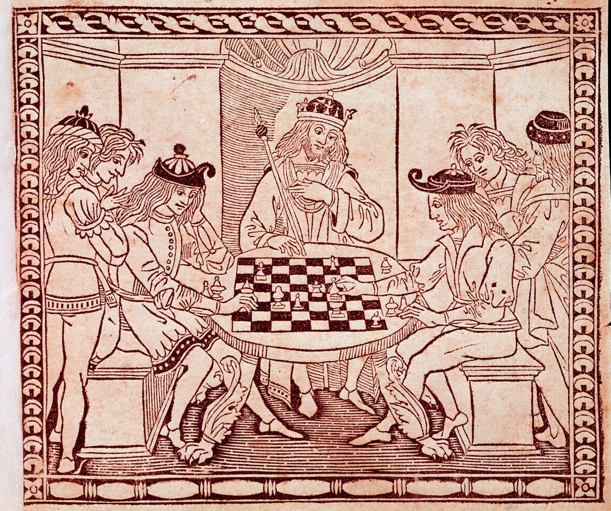 Ein König beobachtet ein Schachspiel. Xylographie aus dem Frontispiz von „De Ludo Scorcorum“ von Jacopo de Cessoles (14. Jahrhundert) Venedig, Biblioteca Marciana von Unknown artist
