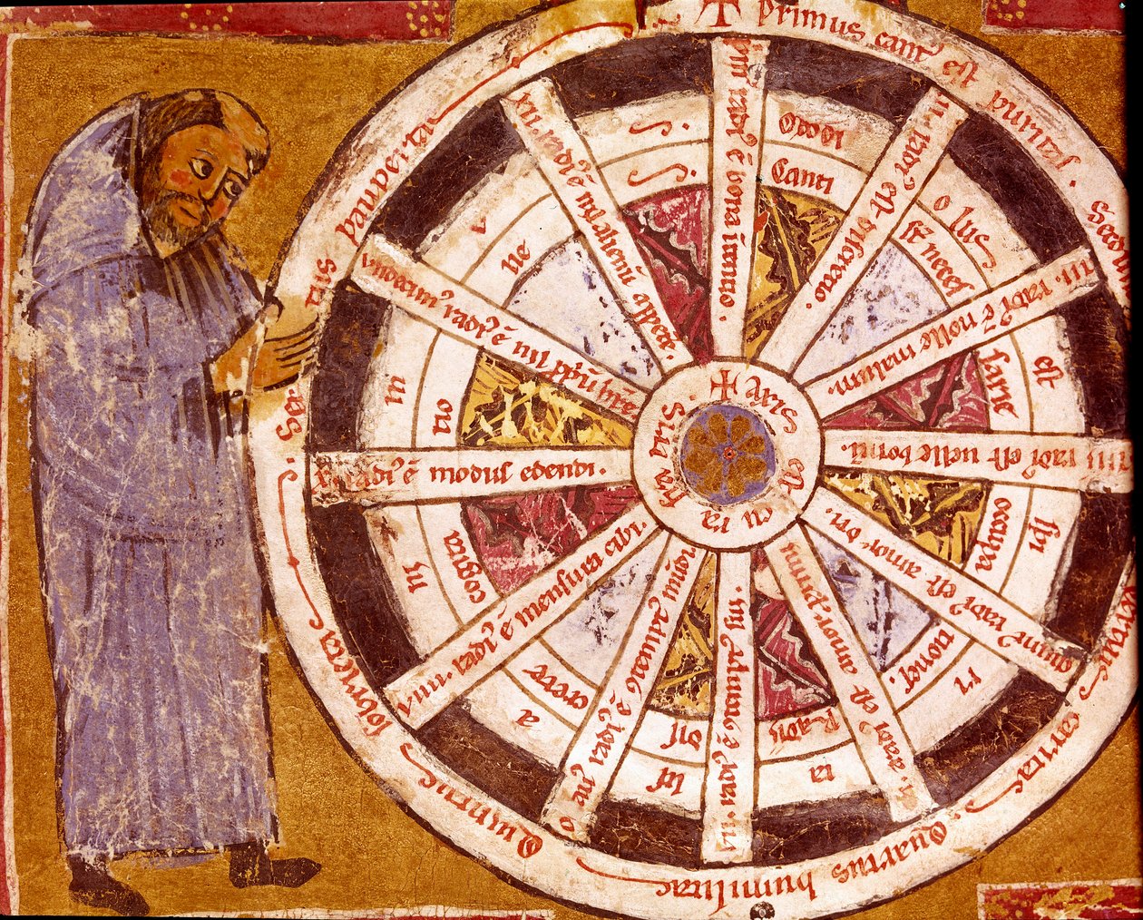 Ein Mönch in der Nähe des Rades des religiösen Lebens Miniatur aus den „Werken“ von Hugo de Sancto Victore (Hugh of St. Victor) (ca. 1096-1141) 12. Jahrhundert Biblioteca Governativa, Cremona von Unknown artist