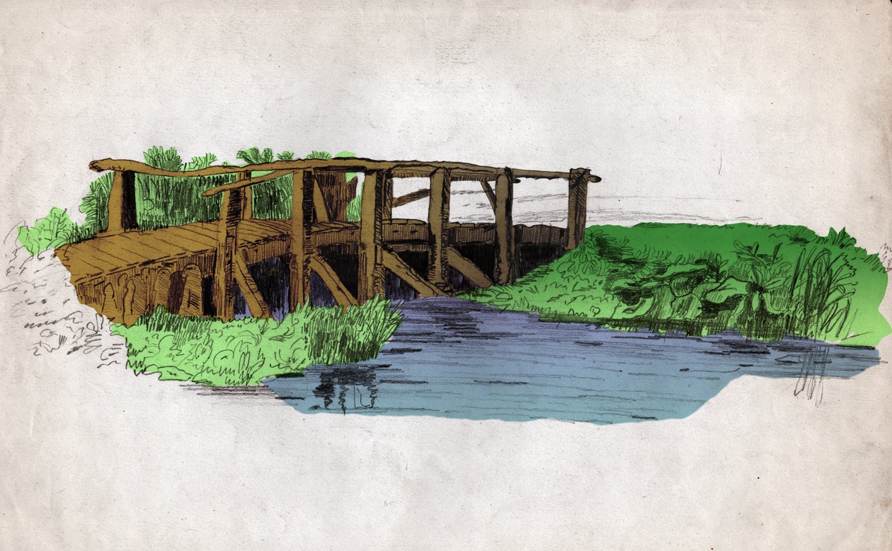 Eine kleine Holzbrücke über einen Fluss (Zeichnung, ca. 1830) von Unknown artist
