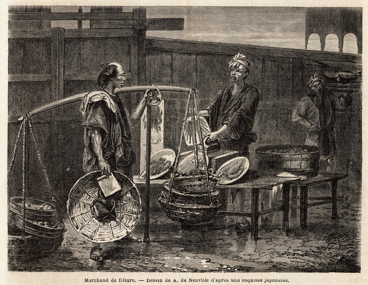 Ein wandernder Bratwarenhändler, trägt seine Donuts in Körben und reist zum Markt, um sie den anderen Händlern zum Mittagessen zu verkaufen. Gravur zur Illustration der Reise nach Japan, 1863-1864, von Aimé Humbert, Minister der Schweizerischen Eidgenossen von Unknown artist