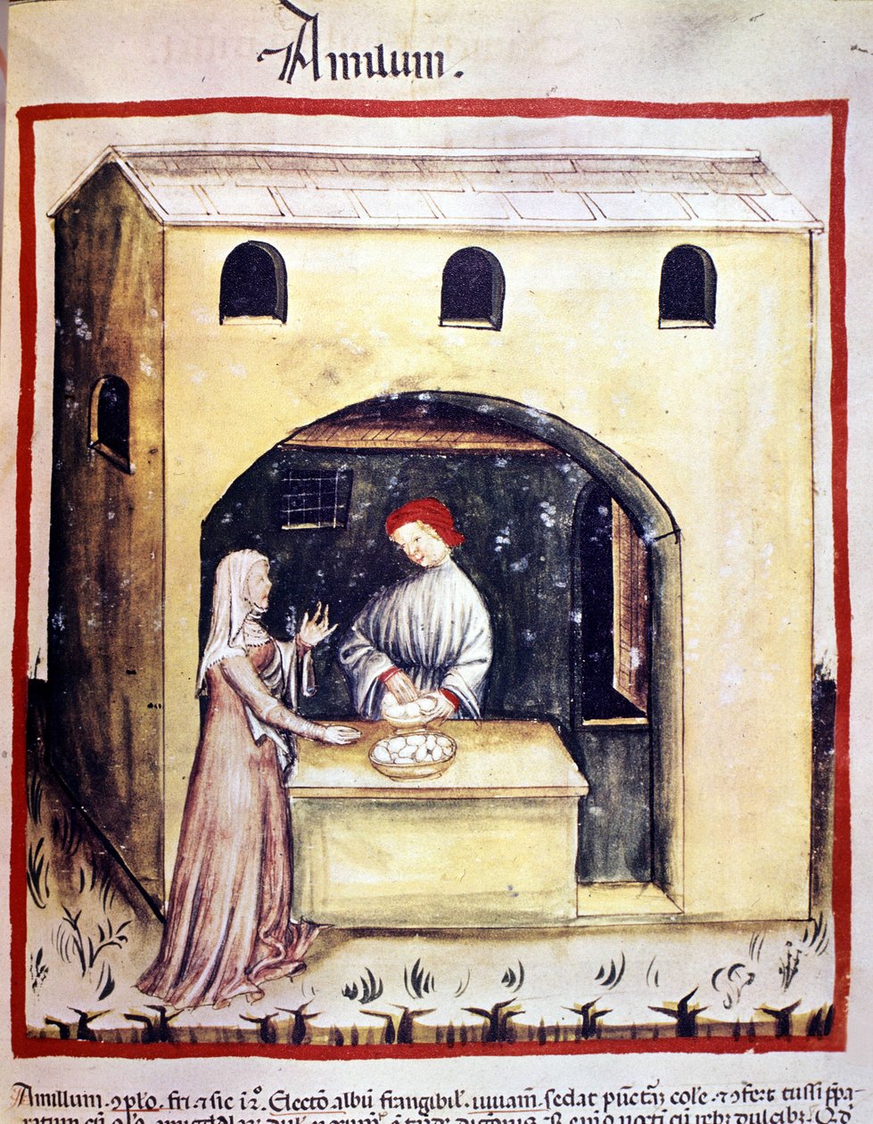 Eine junge Frau kauft Eier von einem Händler. Illumination aus der Milchwirtschaft der Medizin und Diätetik „Tacuinum sanitatis“ von Unknown artist