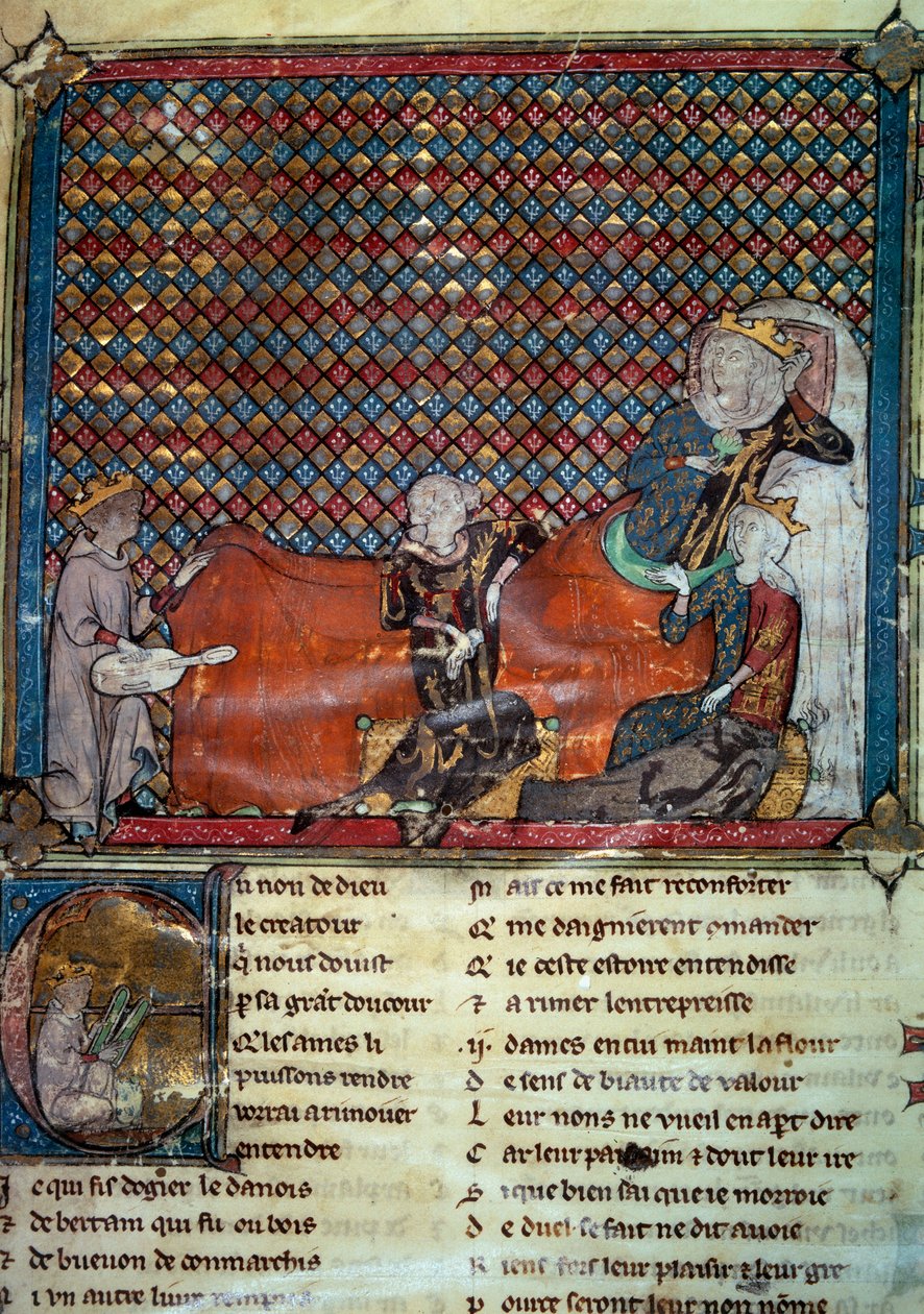 Adenet le Roi (circa 1240- circa 1300), Dichter und Minnesänger, rezitiert den Roman von Cleomades vor Mathilde de Brabant (1224-1288) und der Prinzessin Blanche von Kastilien (Tochter von Ludwig dem Heiligen) von Unknown artist