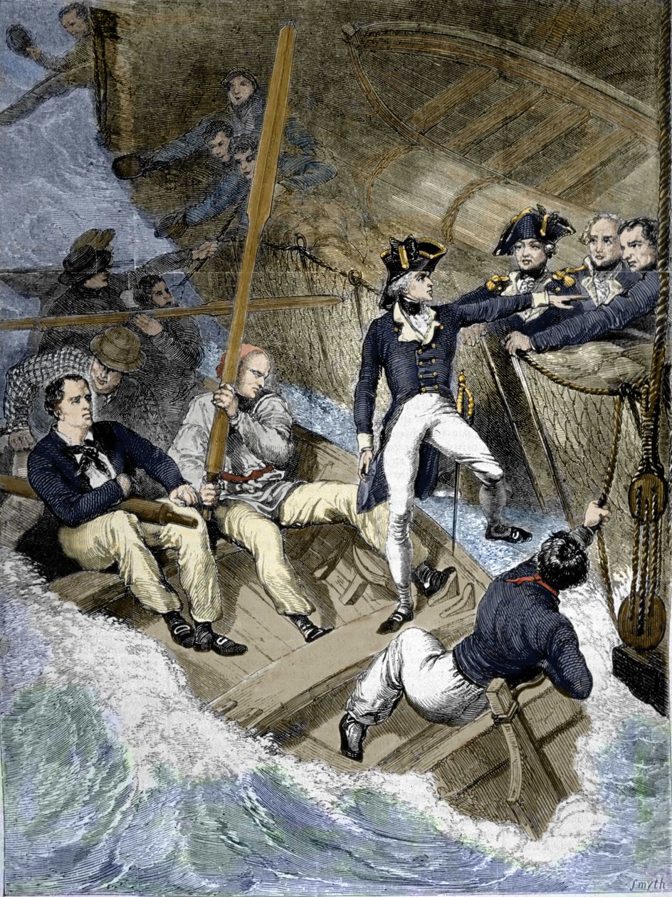 Admiral Nelson während der Schlacht von Santa Cruz de Tenerife (Teneriffa), Kanarische Inseln: „Jetzt bin ich dran; wenn ich es nicht glaube, wird es deins sein...“ Gravur nach Wests Gemälde. von Unknown artist