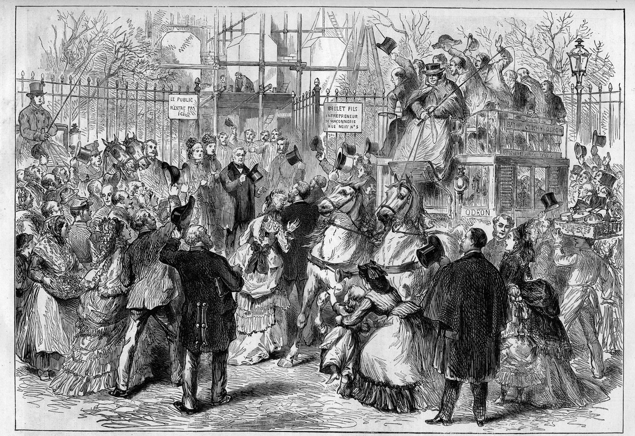 Adolphe Thiers (1797-1877), Präsident der Französischen Republik, besucht die Bauarbeiten seines Hauses am Place Saint Georges in Paris und wird von der Bevölkerung herzlich begrüßt. Gravur in „Das illustrierte Universum“ von Unknown artist