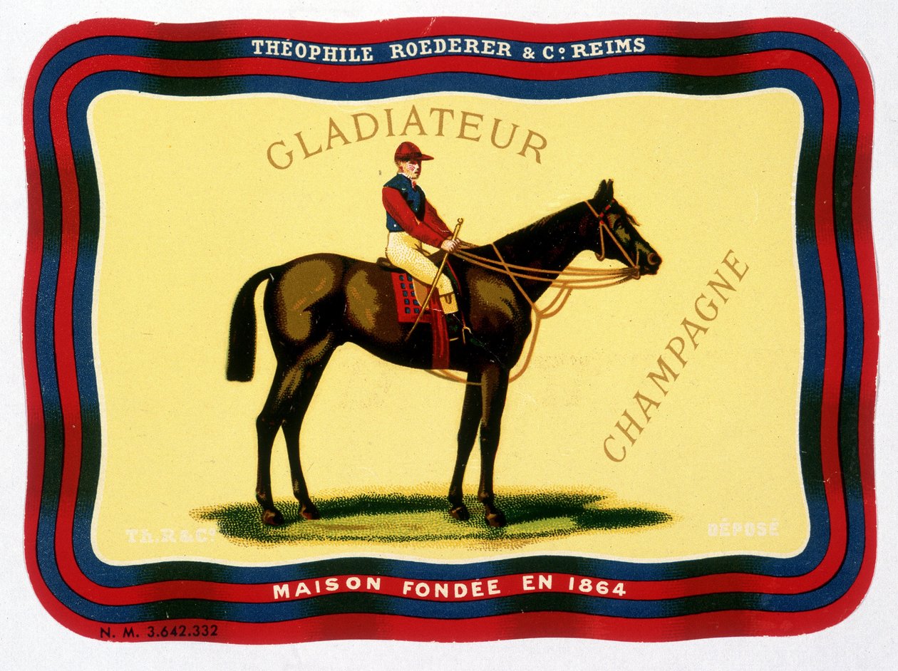 Werbeetikett für „Gladiateur Champagner - Théophile Roederer & Cie. Reims - Haus gegründet 1864“. Chromolithographie o.D. von Unknown artist