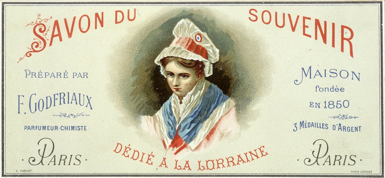 Werbeetikett der „Seife des Andenkens, hergestellt von F. Godfriaux - Haus gegründet 1850“. Chromolithographie 19. Jahrhundert von Unknown artist