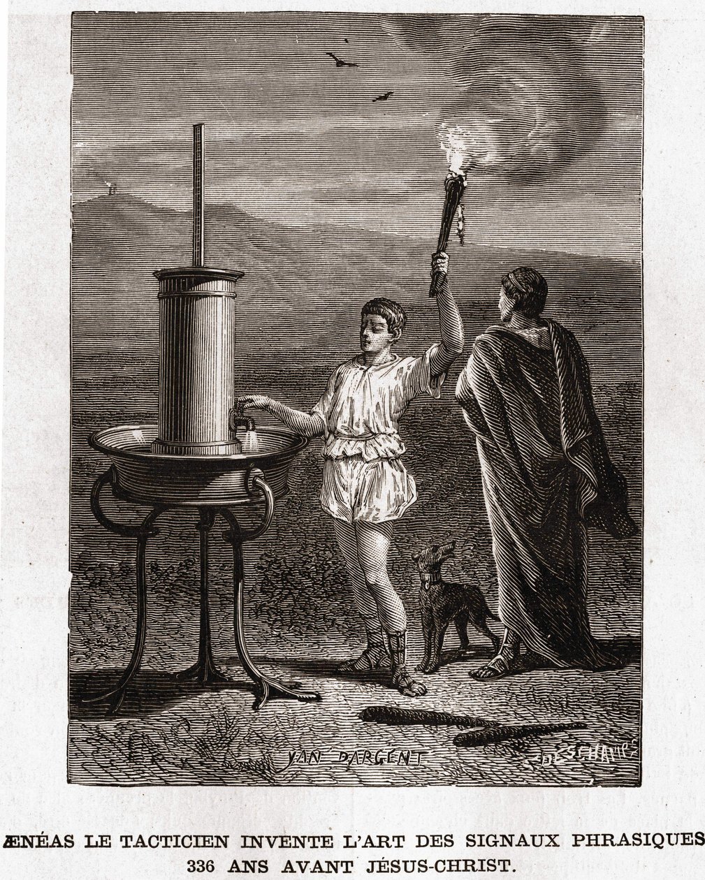 Aeneas der Taktiker erfindet die Kunst der phrasischen Signale, 366 v. Chr. Gravur 19. Jahrhundert, Bianchetti-Sammlung von Unknown artist