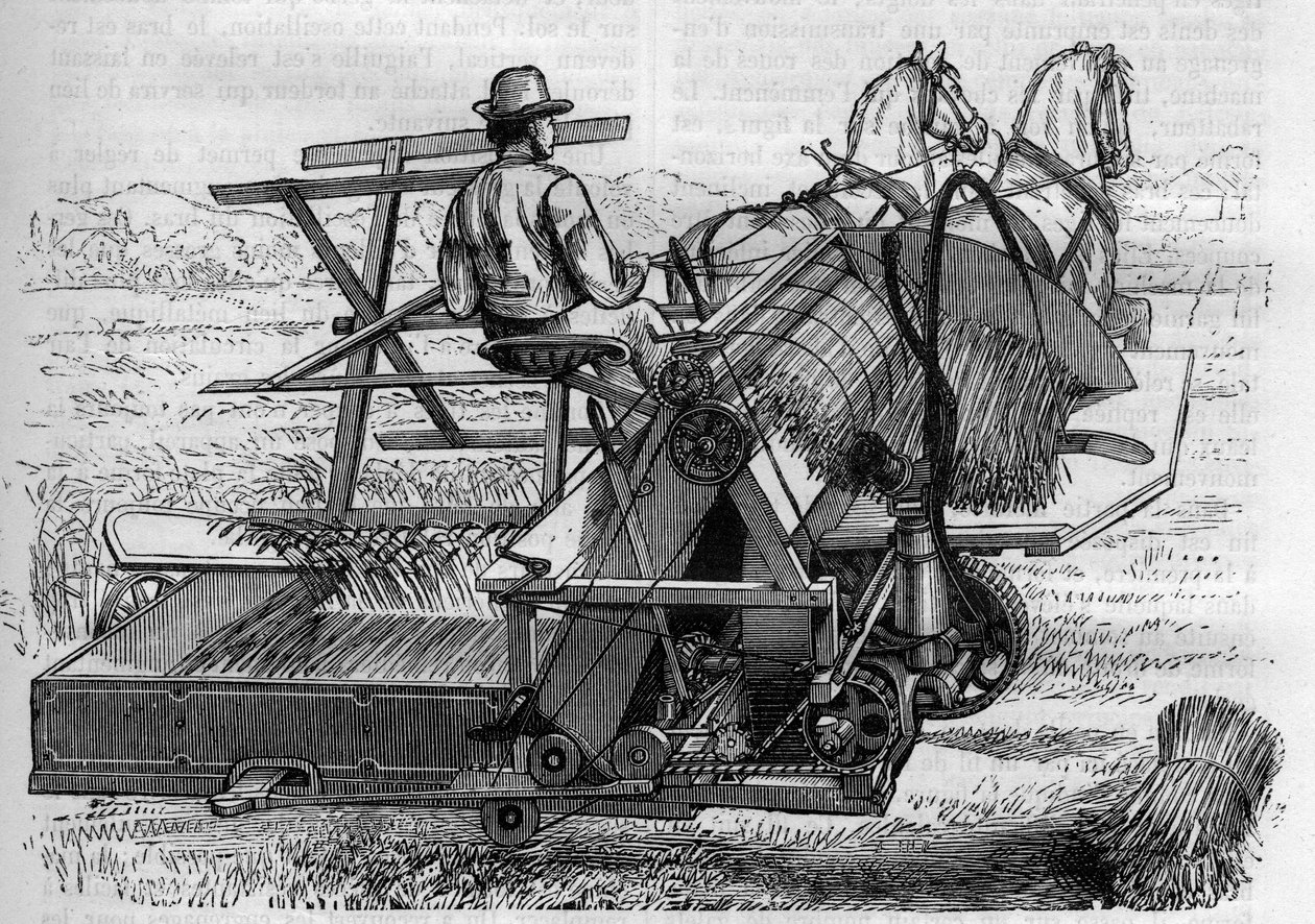 Landwirtschaft und landwirtschaftliche Maschinen: Ein neuer Mähdrescher, der von Pferden gezogen wird und die Garben automatisch bindet. Gravur in La Nature von Unknown artist