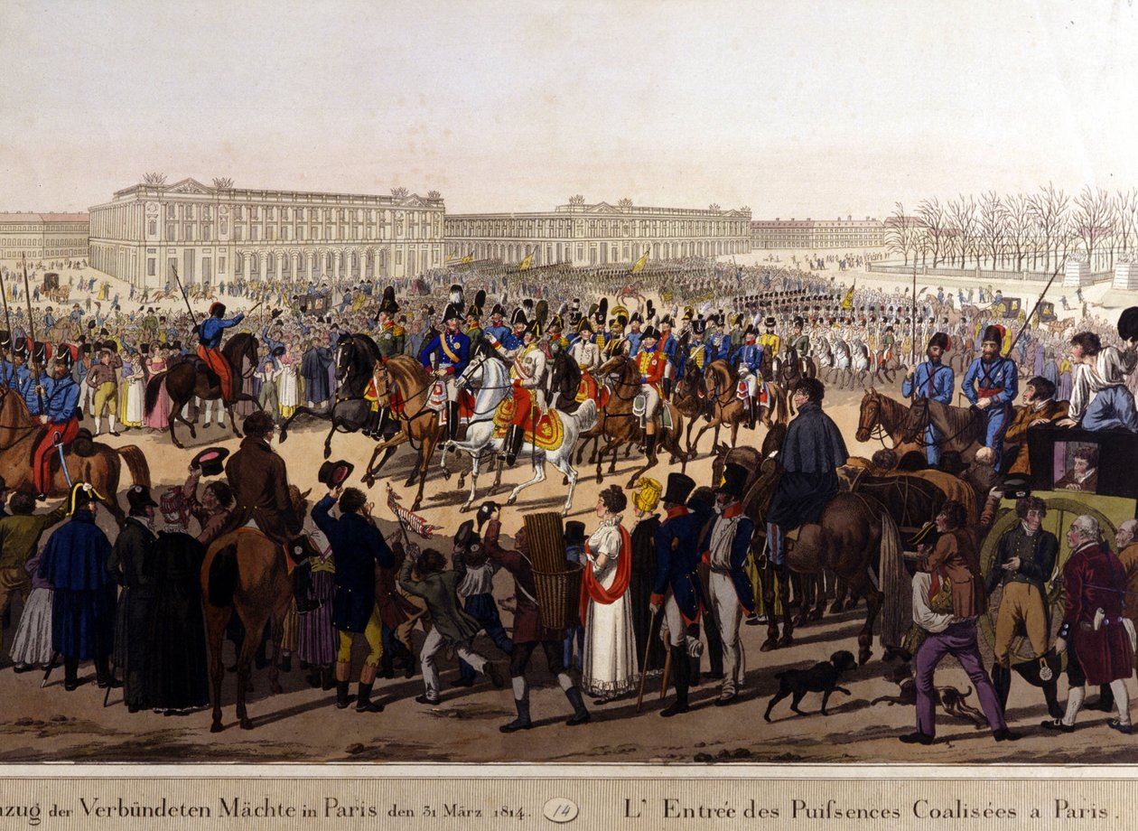 Die Alliierten zogen am 31. März 1814 in Paris ein (Russland Alexander I., der österreichische Kaiser Franz Joseph I. und der preußische König Friedrich Wilhelm III.). Gravur aus dem 19. Jahrhundert von Unknown artist