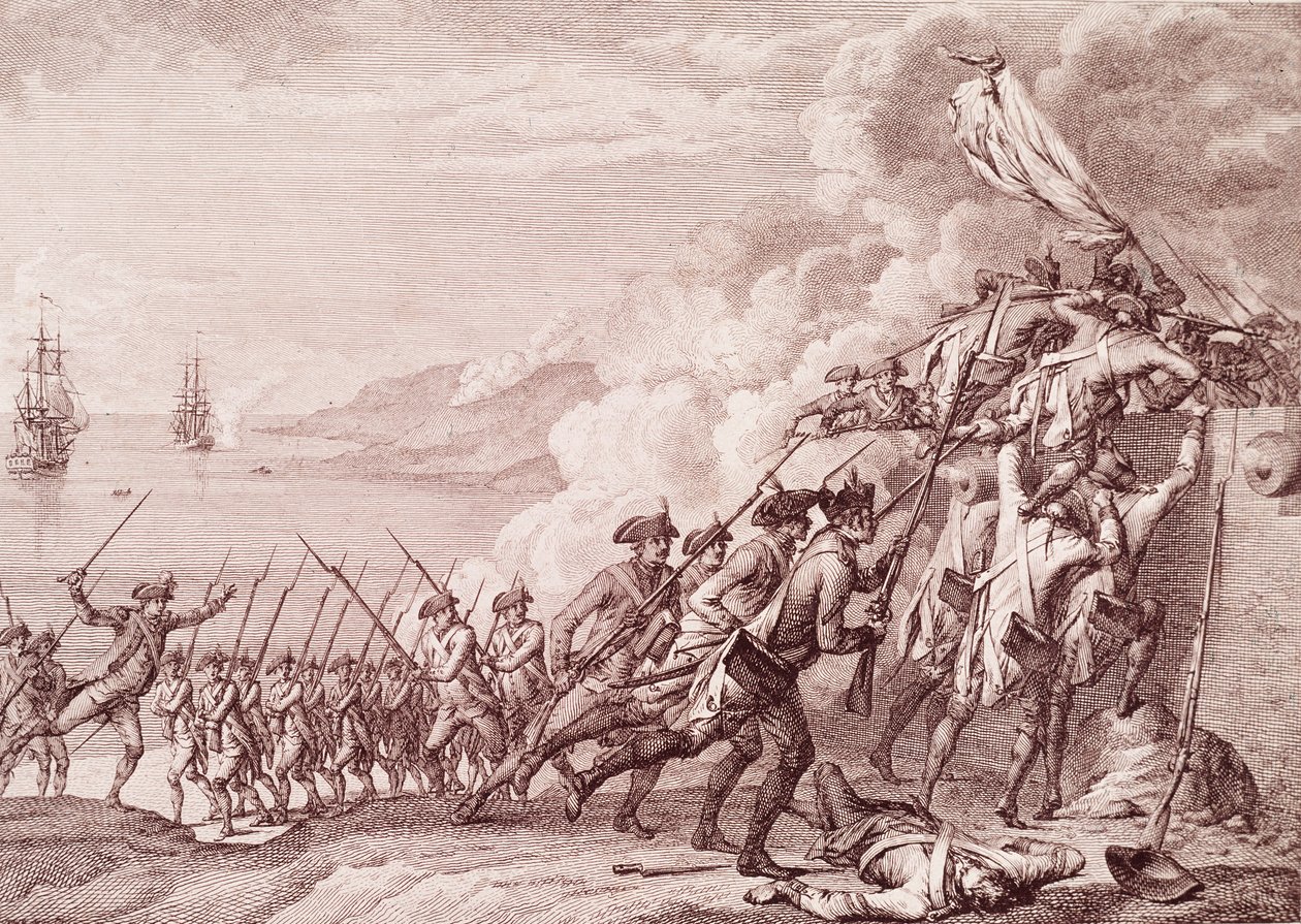 Amerikanischer Unabhängigkeitskrieg: Die Invasion von Dominica durch die französische Armee am 7. September 1778 (Stich) von Unknown artist