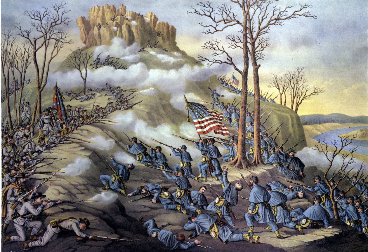 Amerikanischer Sezessionskrieg oder Bürgerkrieg (1861 - 1865): 23/11/1863, Schlacht am Lookout Mountain in Tennessee, ein Angriff, der heute als Schlacht über den Wolken bekannt ist, wegen des Nebels, der es den Bundestruppen ermöglichte, schneller vorzurü von Unknown artist