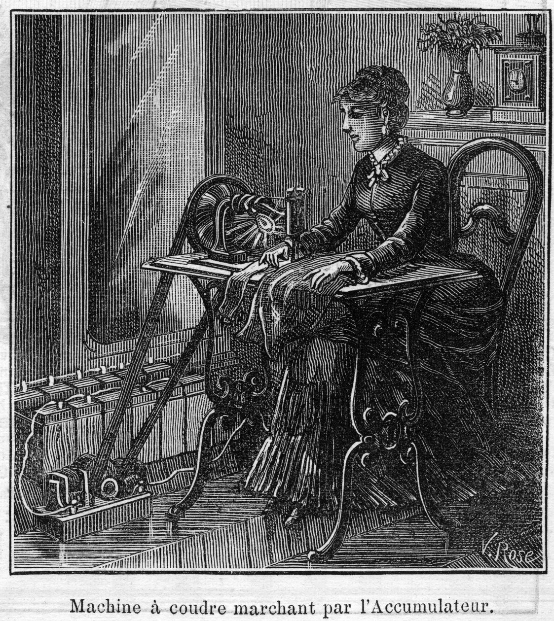 Anwendung von Faure-Batterien: elektrische Nähmaschine, die durch den Akku betrieben wird. Gravur in "Le Monde Illustré" von Unknown artist
