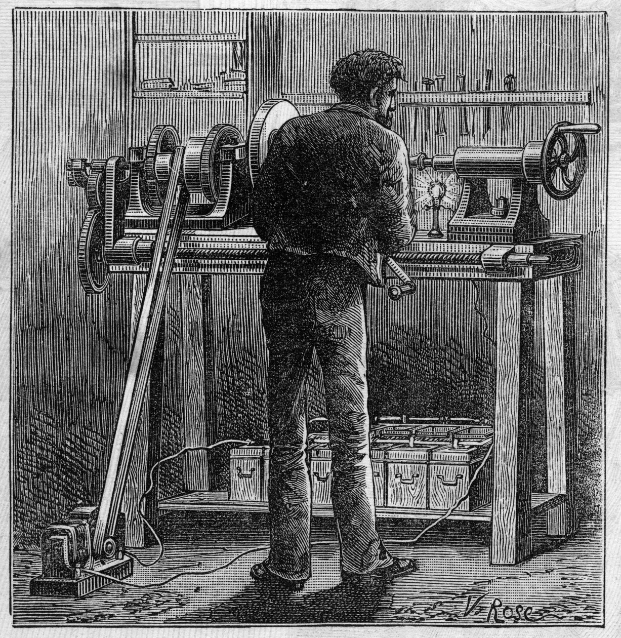 Anwendung von Faure-Batterien: Drehbank eines Handwerkers, betrieben durch den Akkumulator. Gravur in „Le Monde Illustré“. von Unknown artist