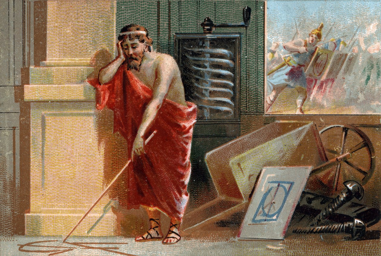 Archimedes von Syrakus (287-212 v. Chr.) zeichnet geometrische Formen auf den Boden, bald von römischen Soldaten gestoppt. In seiner Werkstatt erkennt man seine verschiedenen Erfindungen: die Schraube und die Schubkarre. Chromolithographie des 19. Jahrhund von Unknown artist