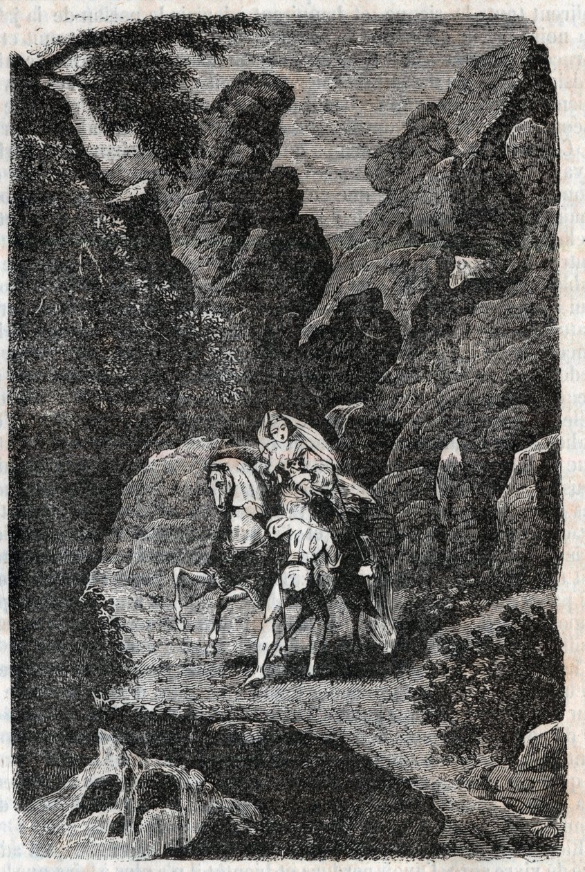 Argie wird auf Befehl seines Bräutigams angegriffen - Gravur von 1851 aus „Roland der Rasende“ (Orlando furioso) (16. Jahrhundert) von Ludovico Ariosto, bekannt als der Ariosta - Ausgabe, übersetzt aus dem Italienischen von Graf von Tressan und veröffentli von Unknown artist