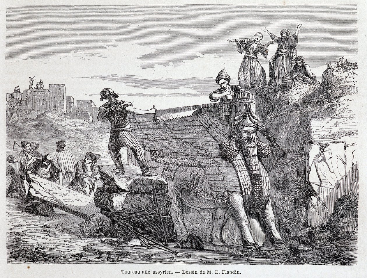 Assyrischer geflügelter Stier auf dem Gelände von Ninive - in „Tour du monde“ 1. Halbjahr 1863 von Unknown artist