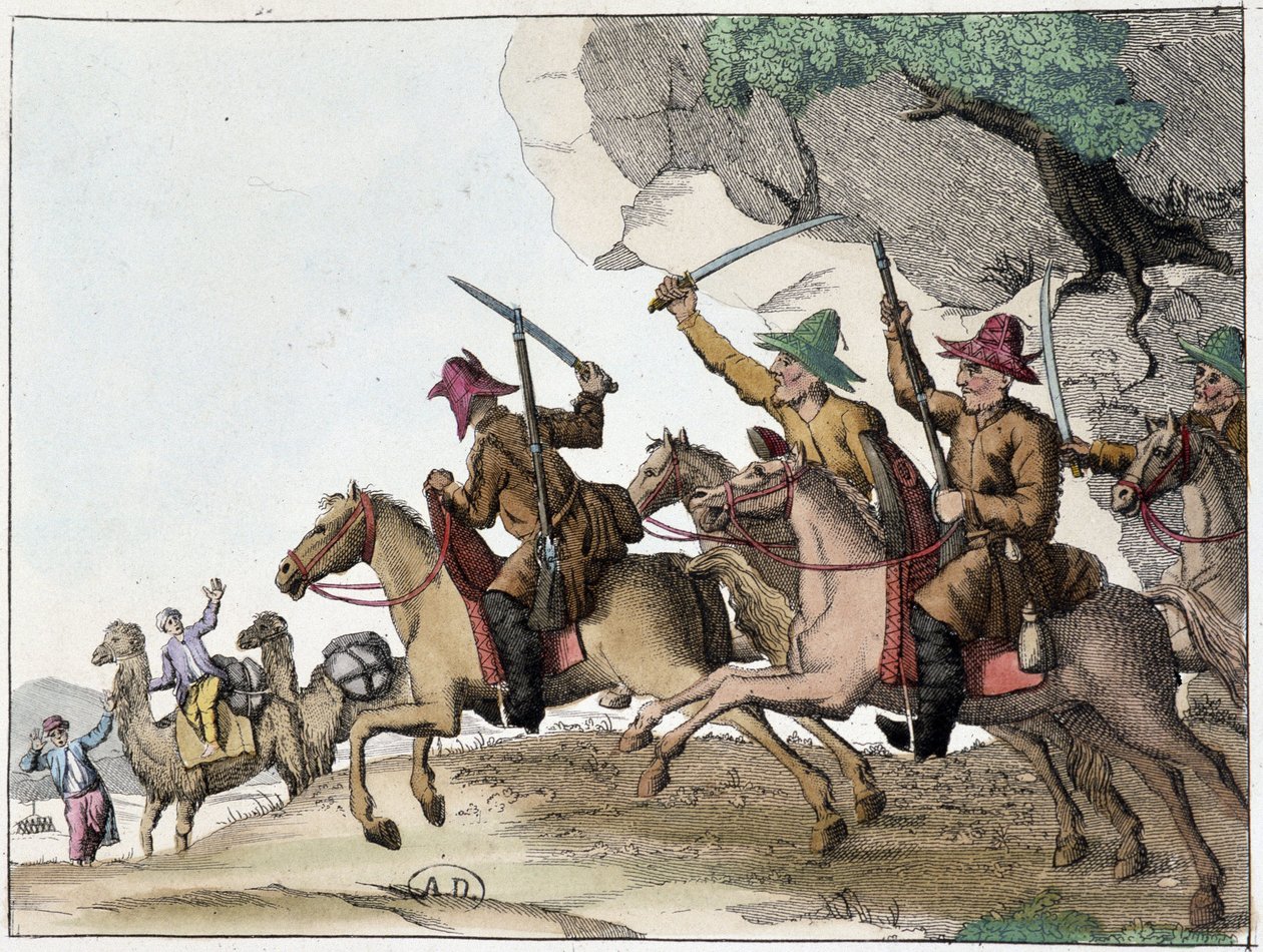 Angriff auf eine Kamelkarawane durch eine Gruppe von Kirgisen zu Pferd, Ende 19. Jahrhundert von Unknown artist