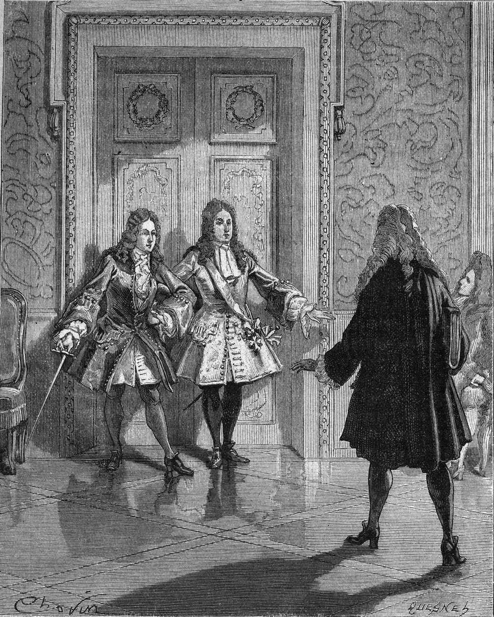 August 1718: Saint-Simon blockiert den Durchgang für den Herzog von Maine. Gravur des 19. Jahrhunderts. In „Histoire de France“ von Jules Michelet von Unknown artist