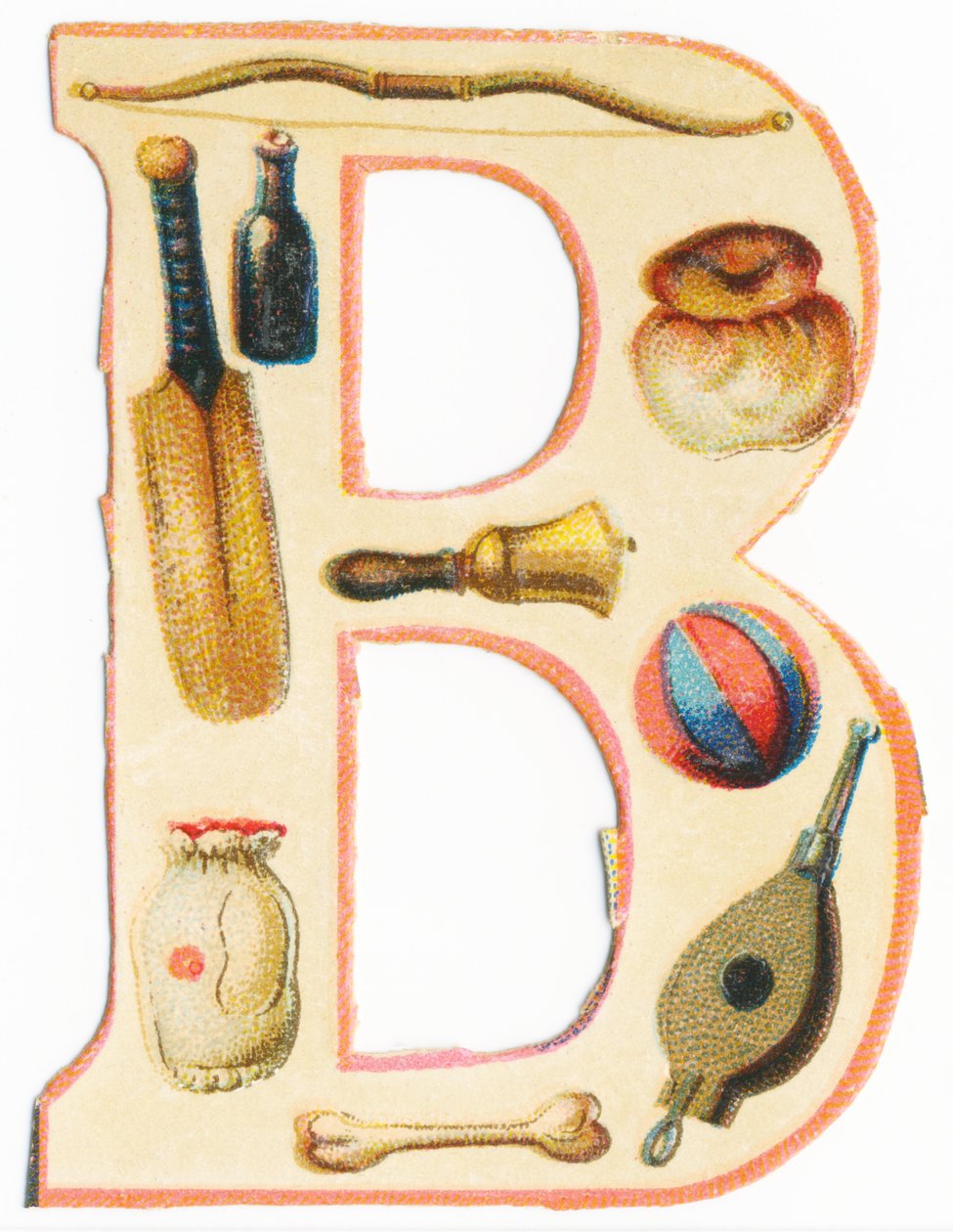 B: Bogen, Baseballschläger, Flasche, Brioche, Glocke, Ballon, Knochen, Tasche, Blasebalg von Unknown artist
