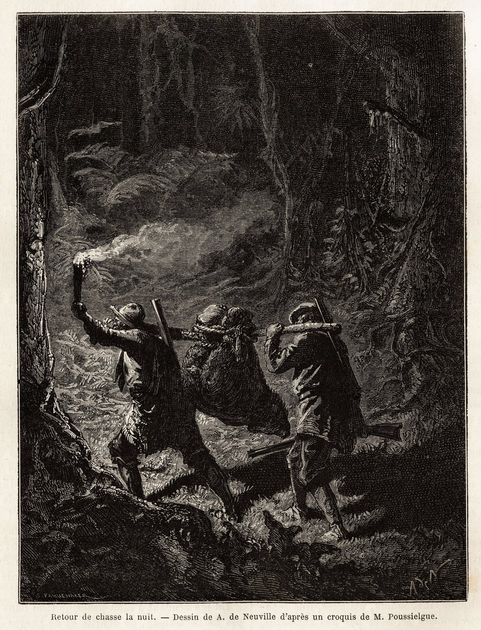 Rückkehr von der Jagd in der Nacht, die Beute, ein Bär, ist gefesselt und an einem Ast aufgehängt, den die Jäger auf der Schulter tragen. Gravur zur Illustration der Geschichte "Quatre mois en Florida", von M. Pousselgue, 1851-1852, veröffentlicht in "le t von Unknown artist