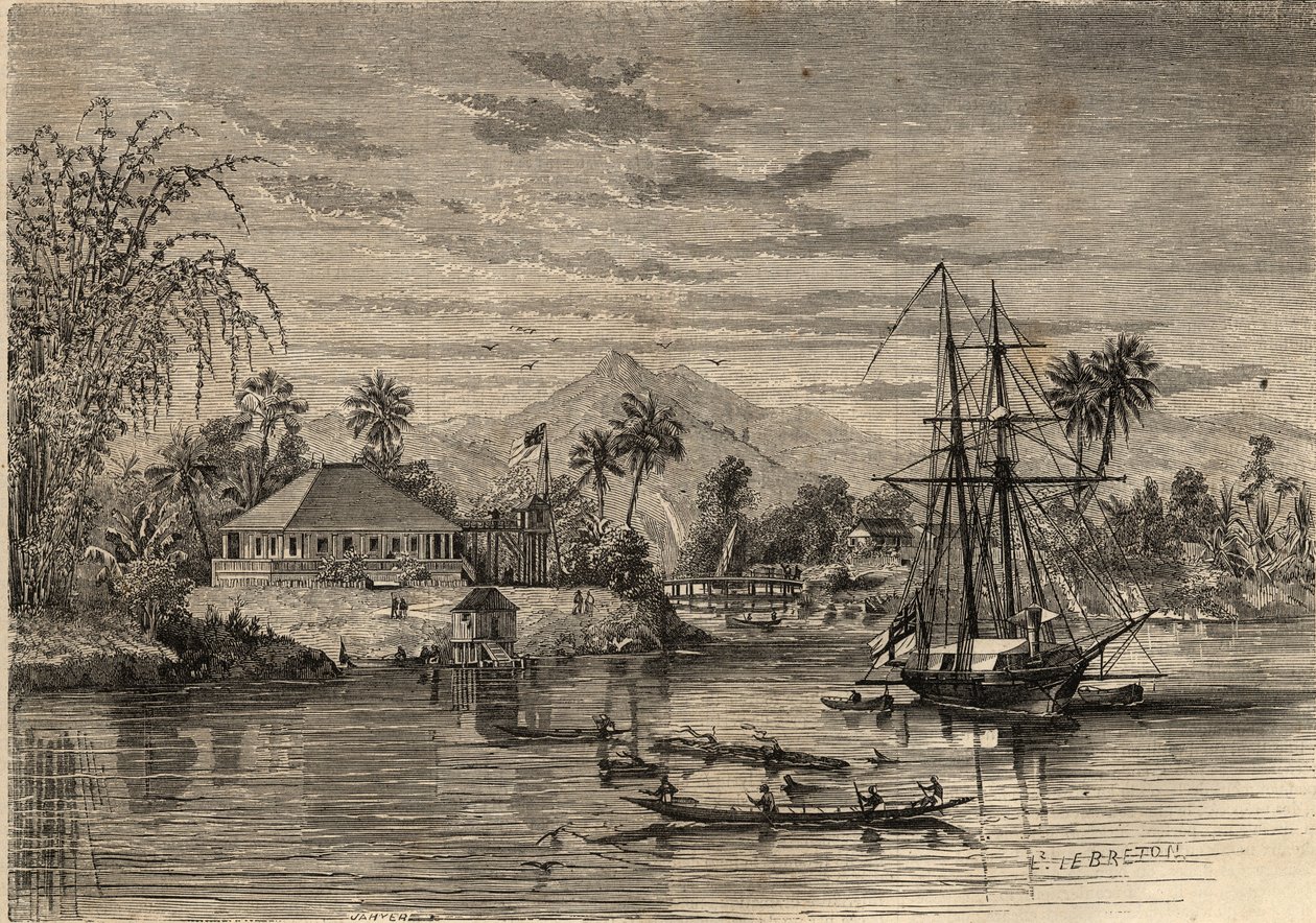 Bangalow, Haus von Sir James Brooke, bekannt als der Rajah von Sarawak (1803-1868), britischer Abenteurer, erster weißer Rajah von Sarawak in der Nähe von Sarawak (Borneo). Gravur in „Le Monde illustrious“ von 1857. Private Sammlung. von Unknown artist