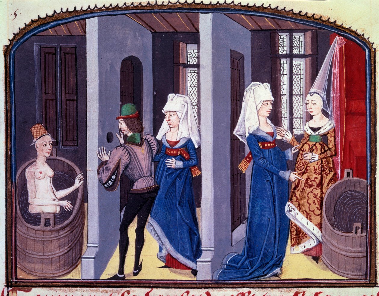 Badeszene. Ein Voyeur beobachtet durch ein Loch in der Wand eine nackte Frau bei ihrer Toilette von Unknown artist