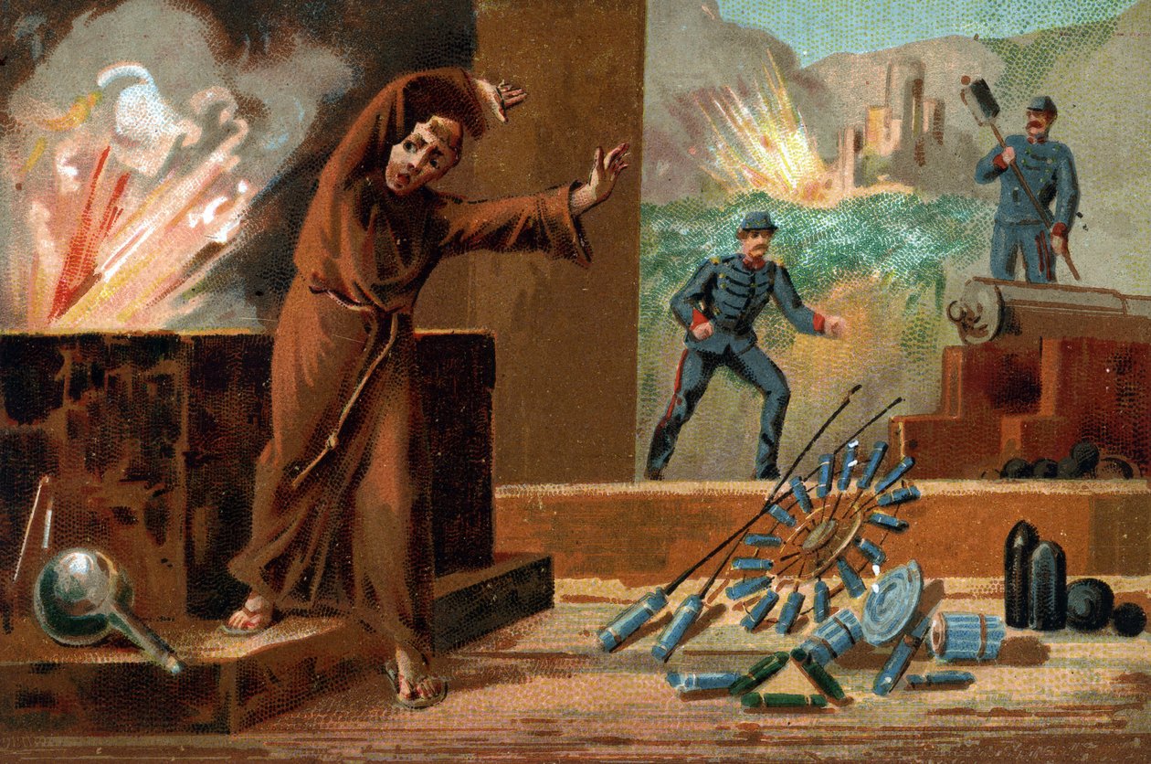 Berthold Schwartz (circa 1318-circa 1384), deutscher Chemiker, Erfinder des Schießpulvers und Franziskanermönch. Chromolithographie des 19. Jahrhunderts von Unknown artist