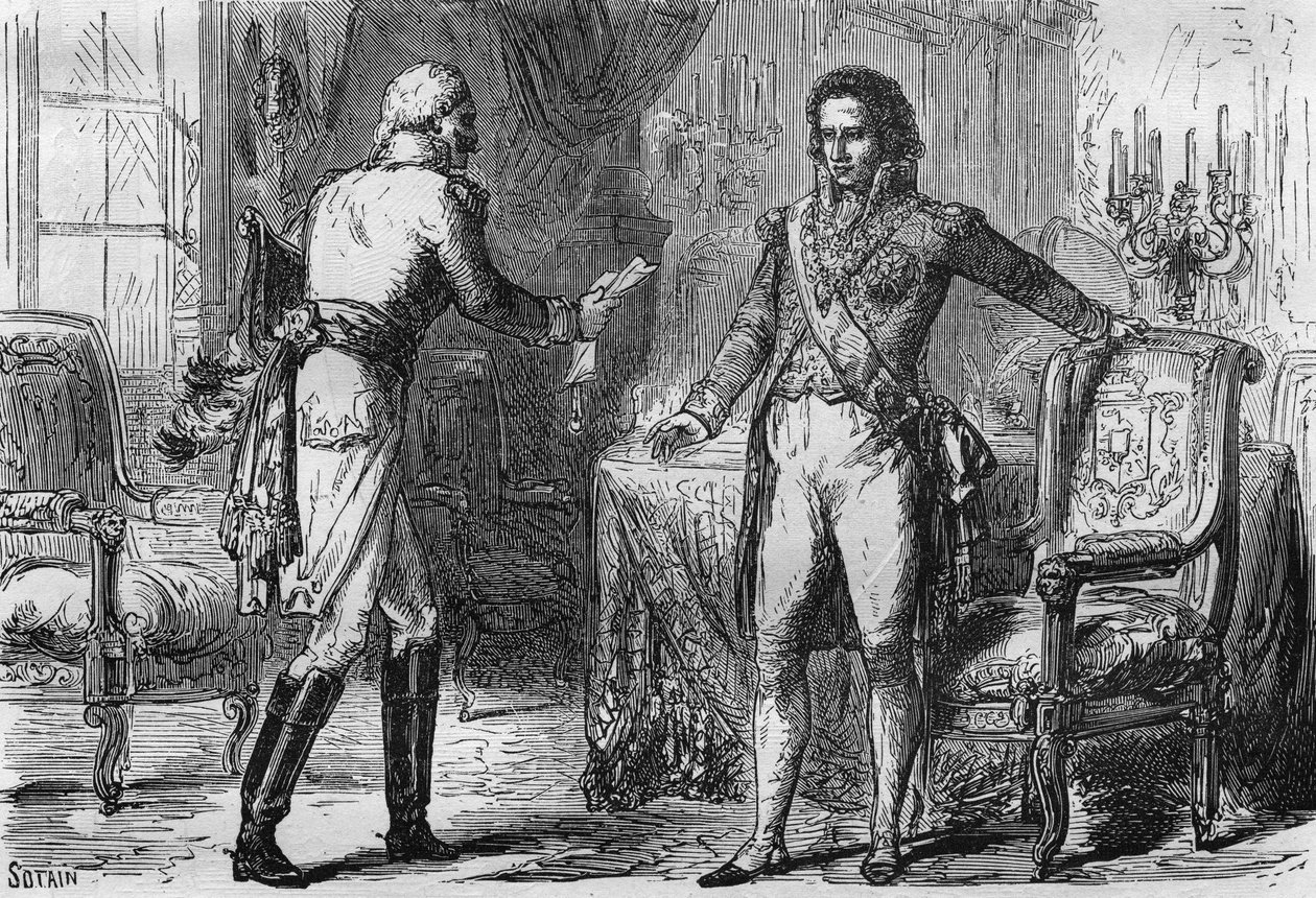 Verrat von Bernadotte - Jean Baptiste Jules Bernadotte (1763-1844) empfängt einen Gesandten (Geheimagenten) aus Preußen in Stockholm, Schweden am 18. Dezember von Unknown artist