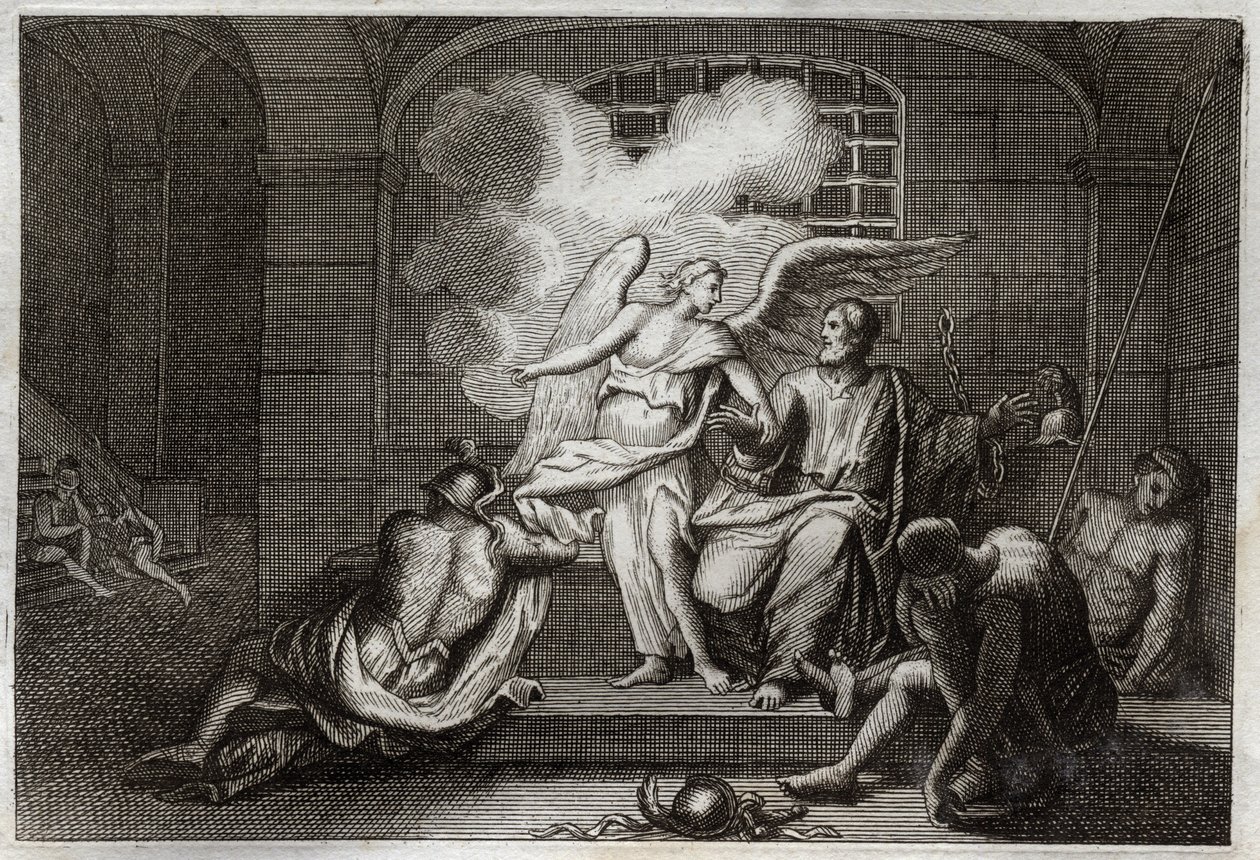 Bibel von Royaumont, Neues Testament: Heiliger Petrus wird aus dem Gefängnis befreit. Heiliger Petrus wird nachts von einem Engel aus dem Gefängnis befreit. Illustration von 1811. von Unknown artist