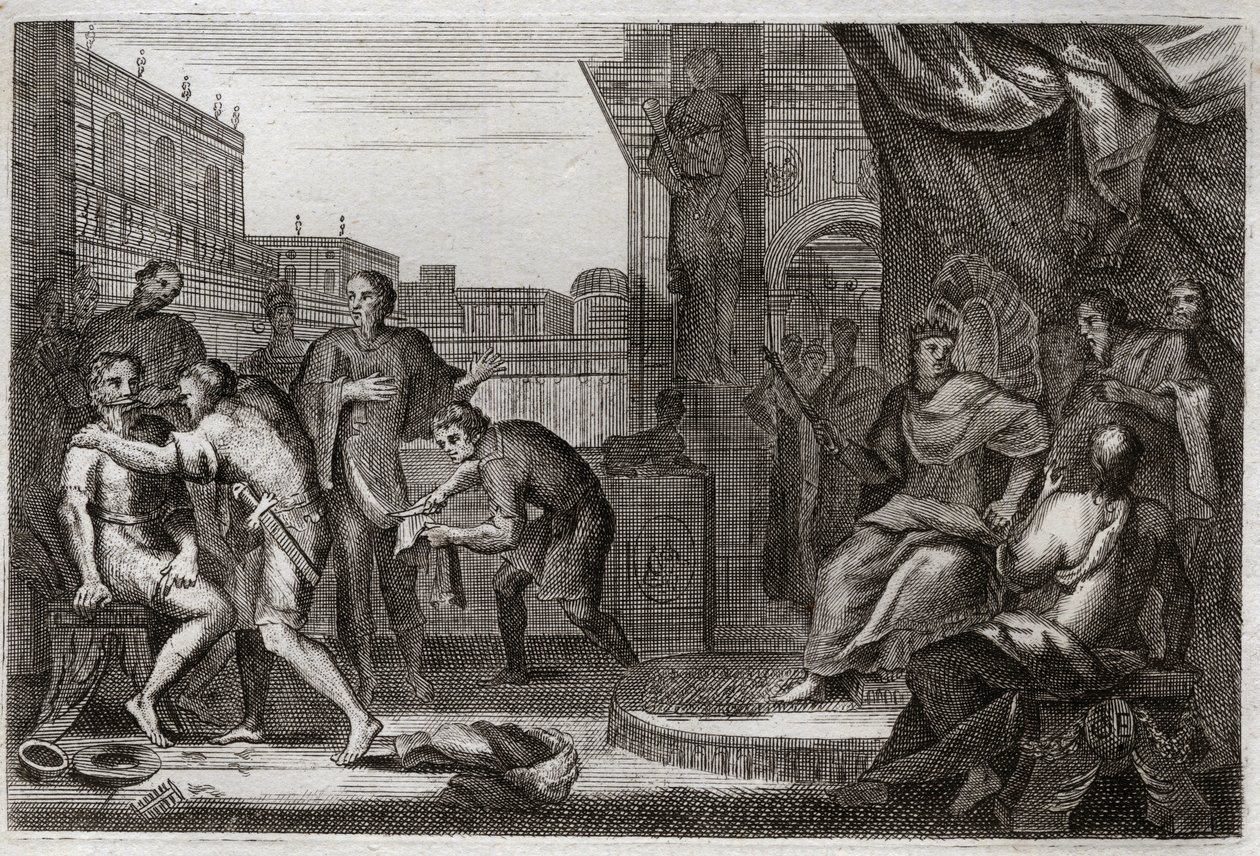 Bibel von Royaumont, Altes Testament: Botschafter Davids. David schickte Joab gegen die Ammoniter, um sich für die Beleidigung zu rächen, die Hanon, ihr Prinz, seinen Botschaftern angetan hatte, die er für Spione hielt. Illustration von 1811. von Unknown artist