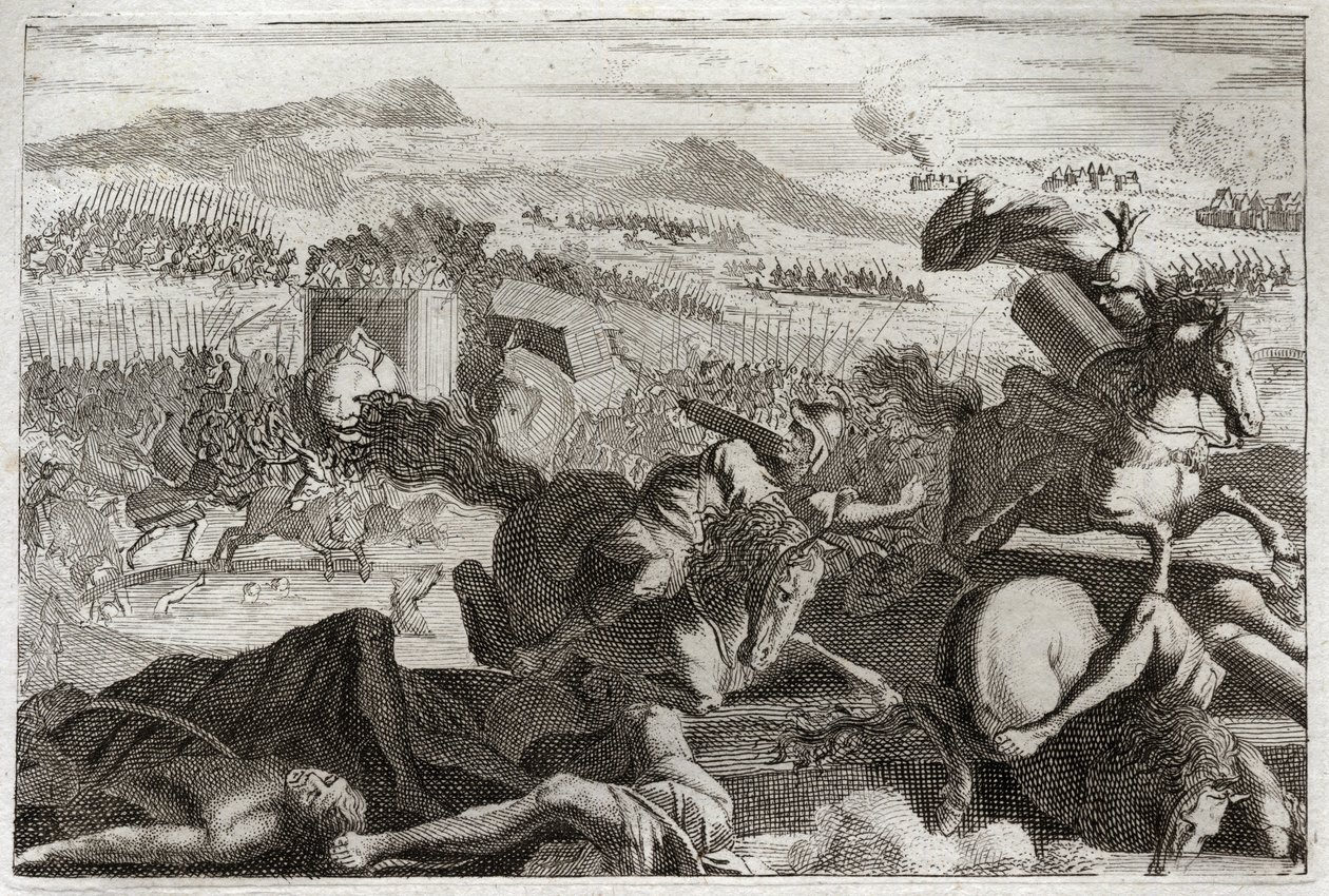 Bibel von Royaumont, Altes Testament: Tod des Judas. Niederlage von Demetrios I. Soter und Nikanor. Tod von Judas Makkabäus in der Schlacht. Illustration von 1811. von Unknown artist