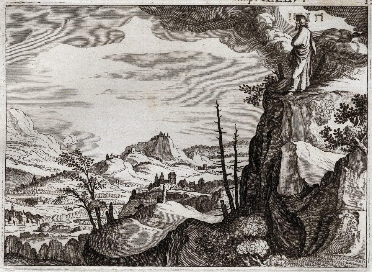 Bibel von Royaumont, Altes Testament: Tod des Mose. Gott zeigt Mose das Land Kanaan vom Gipfel des Berges Nebo, wo er stirbt. Illustration von 1811. von Unknown artist