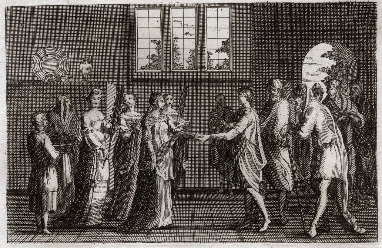 Bibel von Royaumont, Altes Testament: Hochzeit von Isaak. Isaak, Sohn Abrahams, heiratet Rebekka. Illustration von 1811. von Unknown artist