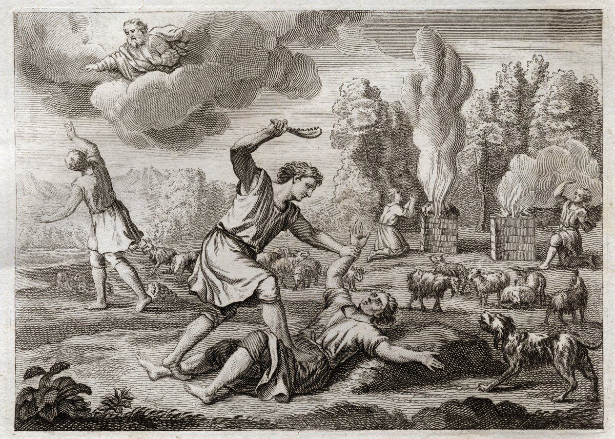 Royaumont-Bibel, Altes Testament: Mord an Abel. Kain trägt seinen Bruder aus Neid gegen Abel hinaus aufs Land, als ob er spazieren gehen wollte, und tötet ihn. Illustration von 1811. von Unknown artist