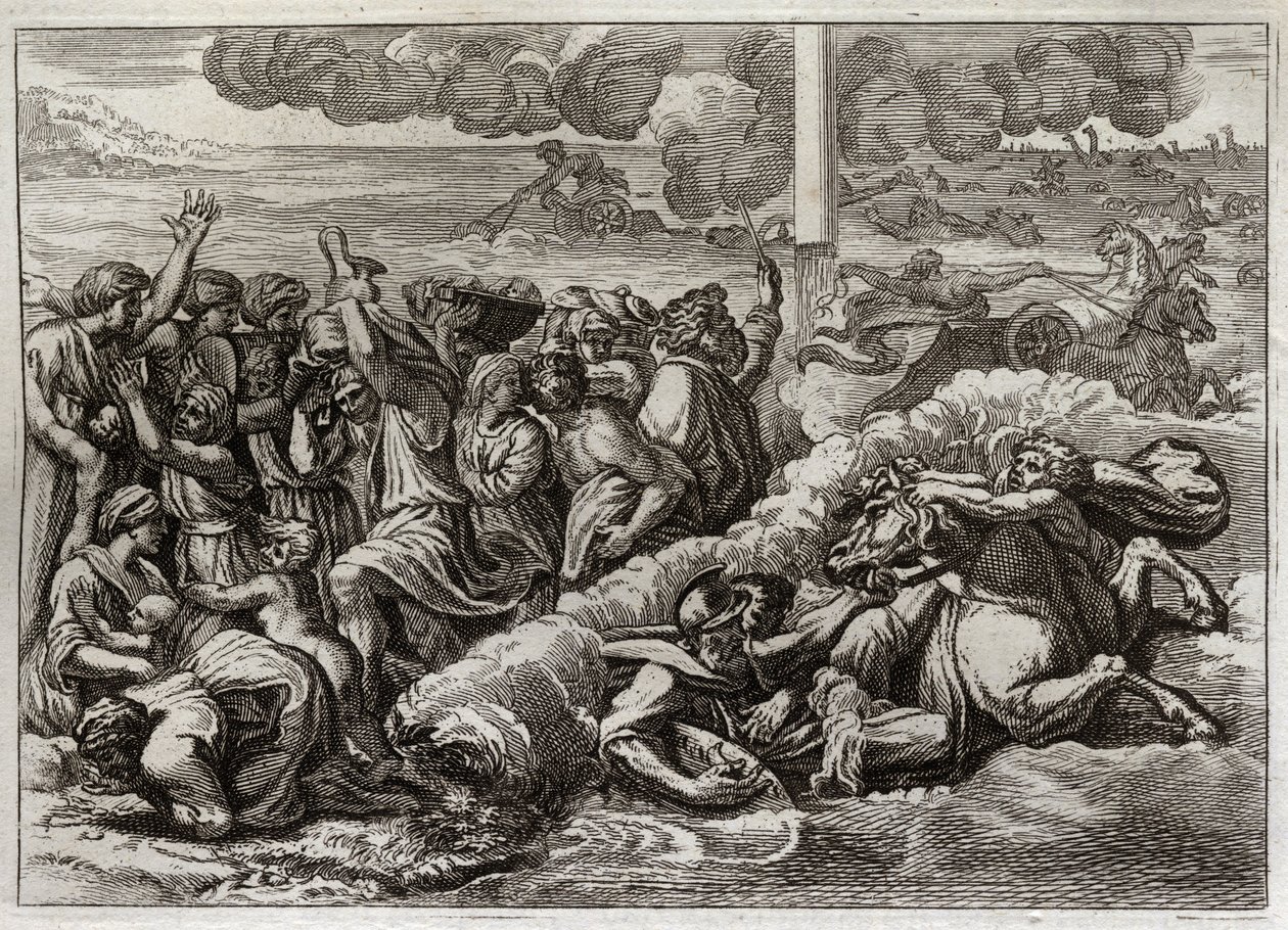 Bibel von Royaumont, Altes Testament: Der Pharao versinkt im Roten Meer. Der Durchzug durch das Rote Meer durch Moses und die Hebräer, wobei die Armee des Pharaos ertrinkt. Illustration von 1811. von Unknown artist