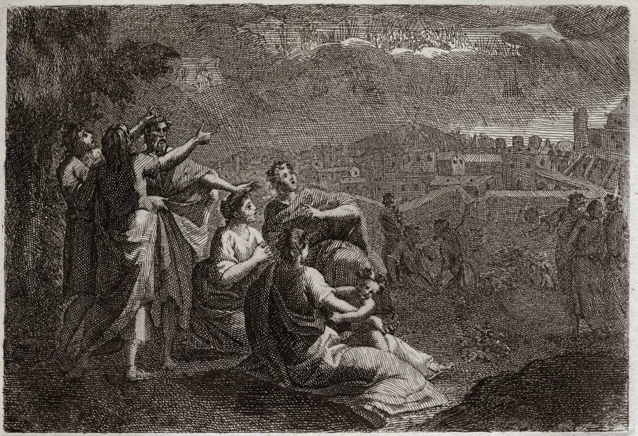 Royaumont-Bibel, Altes Testament: Prophezeiungen über Jerusalem. Gott hat Waffen in die Luft über Jerusalem gegeben, um ihr die Übel zuzufügen, die auf sie herabregnen sollten. Illustration von 1811. von Unknown artist