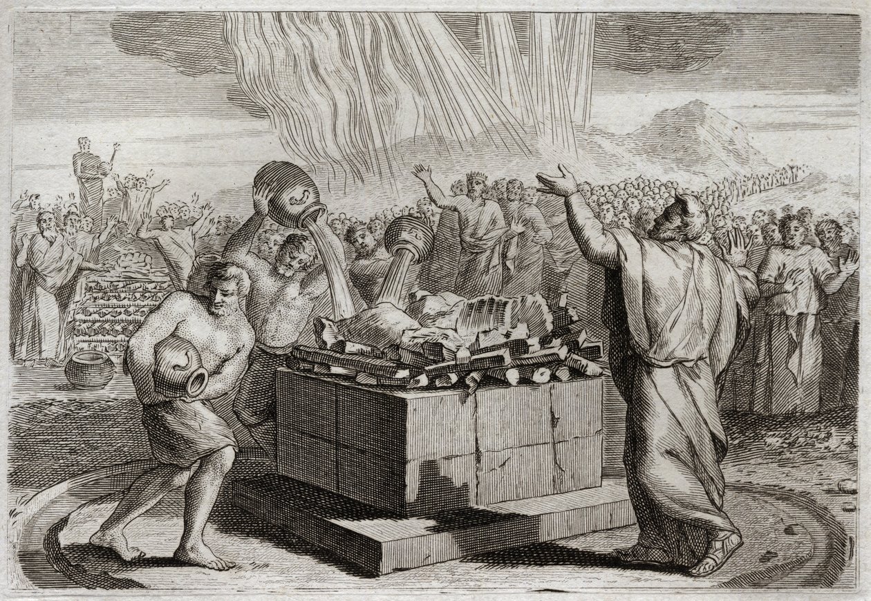Bibel von Royaumont, Altes Testament: Opfer des Elija. Und nachdem er den wahren Gott durch das Wunder des Feuers, das auf sein Opfer herabkam, bekannt gemacht hatte, befahl er dem Volk, die vierhundertfünfzig Priester des Baal-Idols zu töten. Illustration von Unknown artist