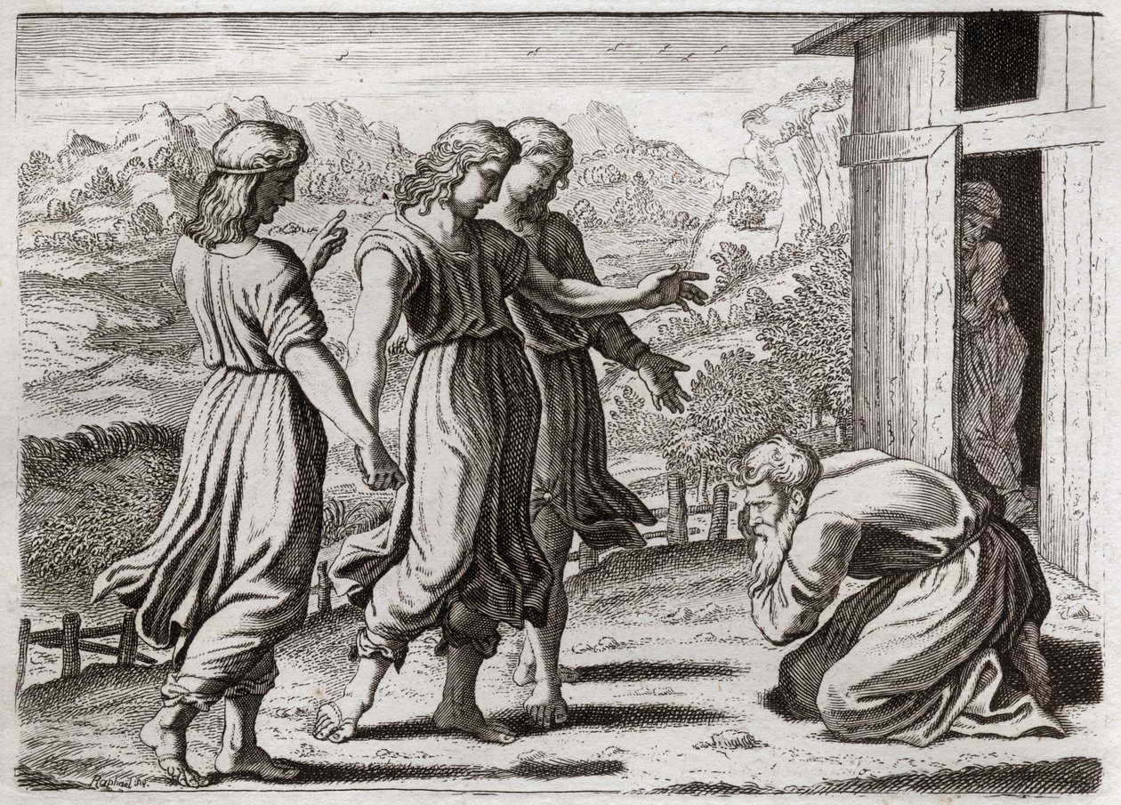Royaumont-Bibel, Altes Testament: Sara empfängt Isaak. Abraham empfängt drei Engel, die Sara (Sarah) versprechen, dass sie in einem Jahr einen Sohn haben wird. Illustration von 1811. von Unknown artist