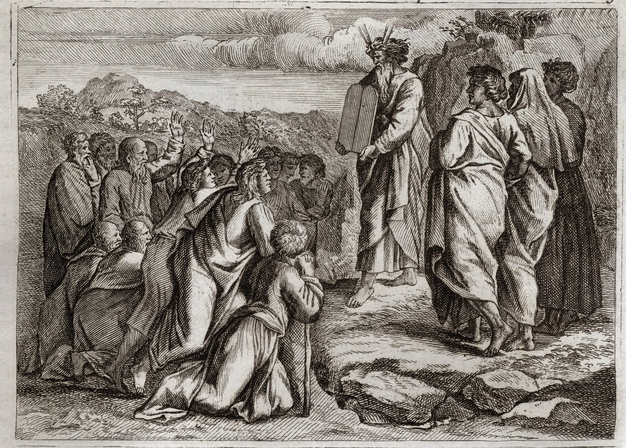 Bibel von Royaumont, Altes Testament: Zweite Tafeln des Gesetzes. Gott gibt Mose andere Tafeln (Zehn Gebote), die das Volk mit Respekt empfängt. Illustration von 1811. von Unknown artist