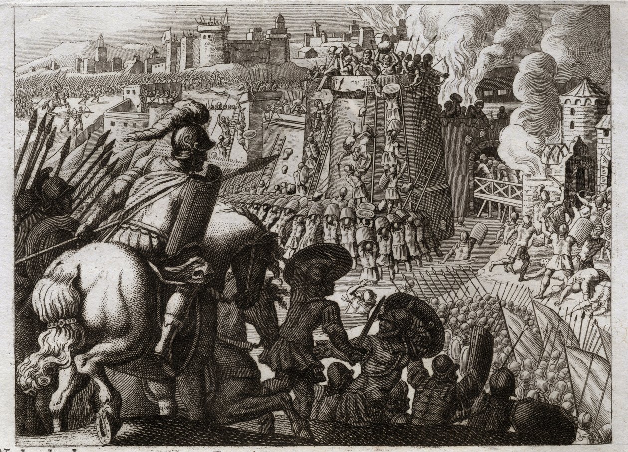 Bibel von Royaumont, Altes Testament: Belagerung von Jerusalem. Nebukadnezar II. belagerte Jerusalem, nahm es ein und brachte alle Reichtümer und Einwohner dieser Stadt nach Babylon. Illustration von 1811. von Unknown artist
