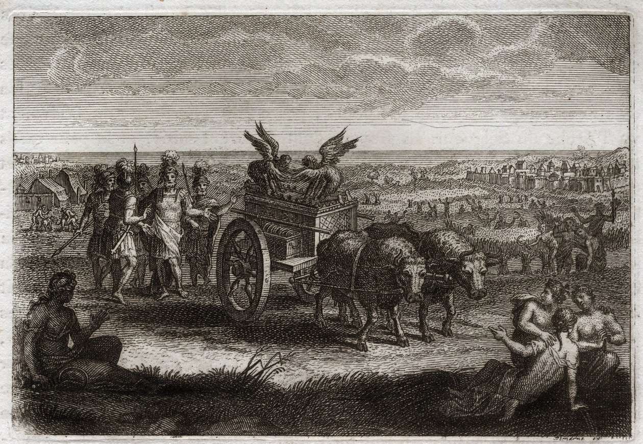 Bibel von Royaumont, Altes Testament: Die Rückkehr der Bundeslade. Die Philister senden die Bundeslade nach Judäa zurück, um die Übel zu vermeiden, die sie ihnen täglich verursachte. Illustration von 1811. von Unknown artist